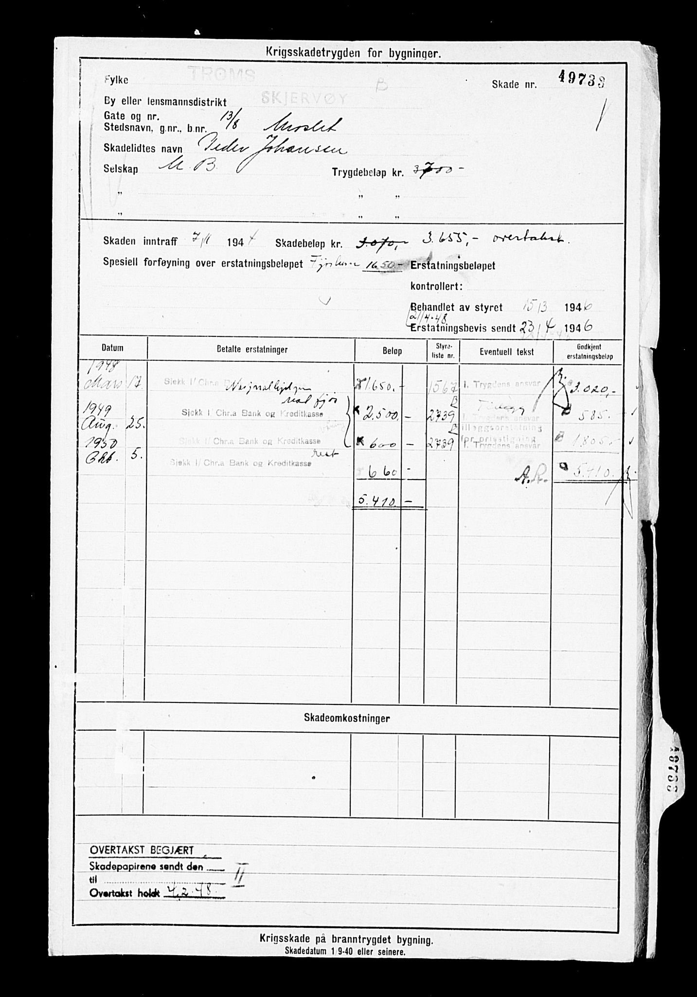 Krigsskadetrygdene for bygninger og løsøre, AV/RA-S-1548/V/L0010: Bygning. Trygdete skader inntruffet etter 1/9-40. Skadenr. 49733-52077. positiv Original, 1940-1945