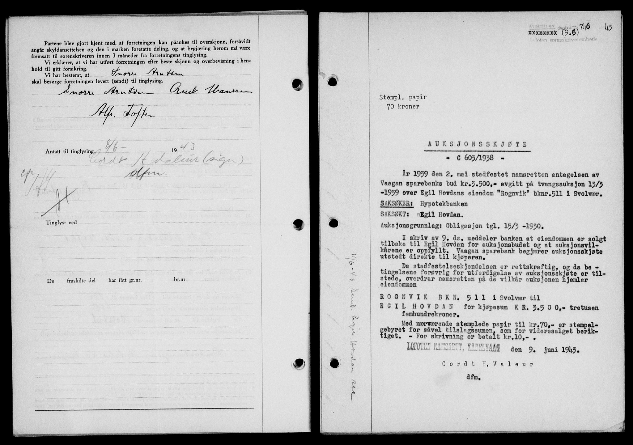Lofoten sorenskriveri, SAT/A-0017/1/2/2C/L0011a: Mortgage book no. 11a, 1943-1943, Diary no: : 746/1943