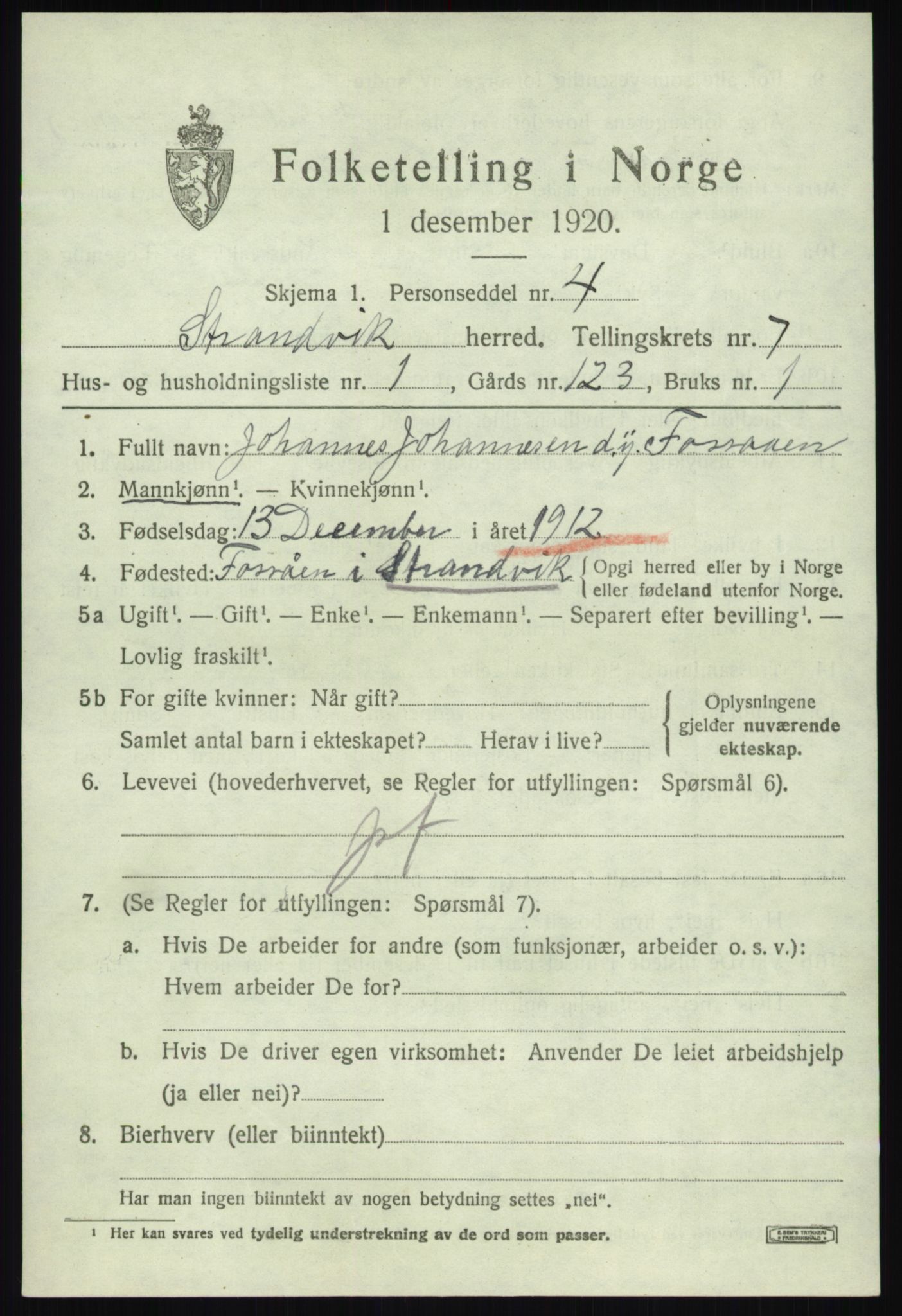 SAB, 1920 census for Strandvik, 1920, p. 4550