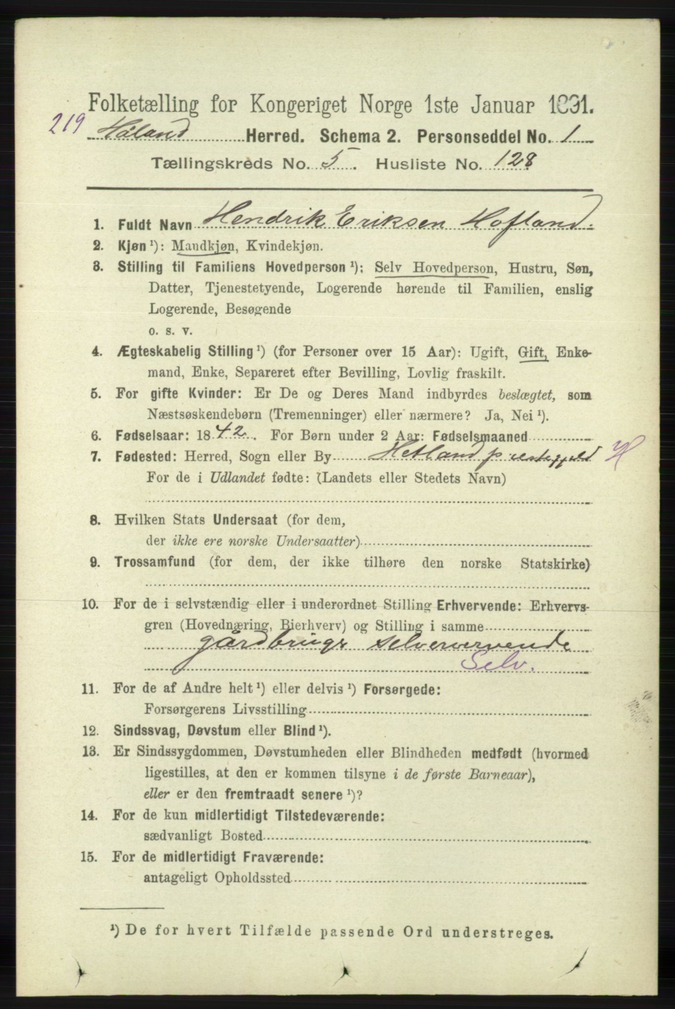 RA, 1891 census for 1124 Haaland, 1891, p. 4067