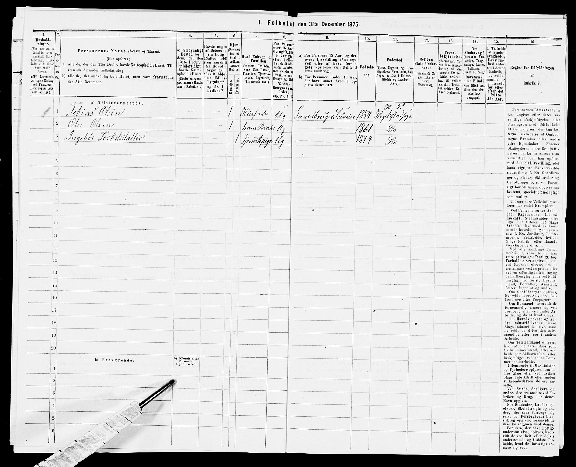 SAK, 1875 census for 1034P Hægebostad, 1875, p. 263