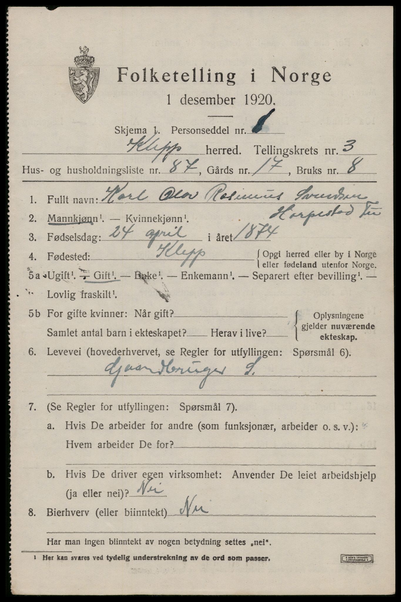 SAST, 1920 census for Klepp, 1920, p. 4302