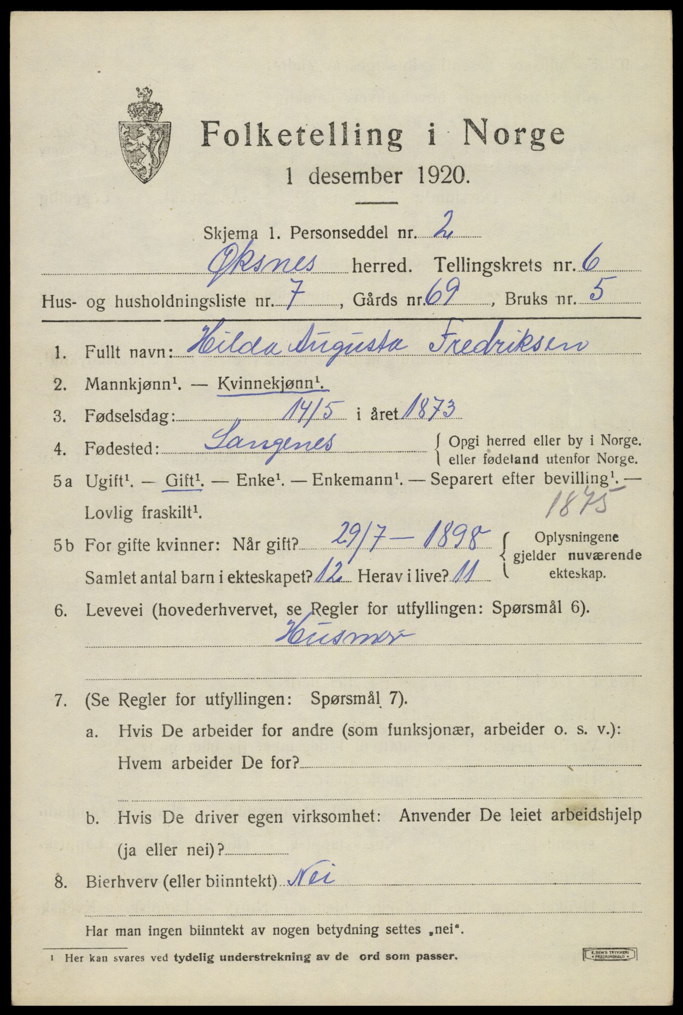 SAT, 1920 census for Øksnes, 1920, p. 4950