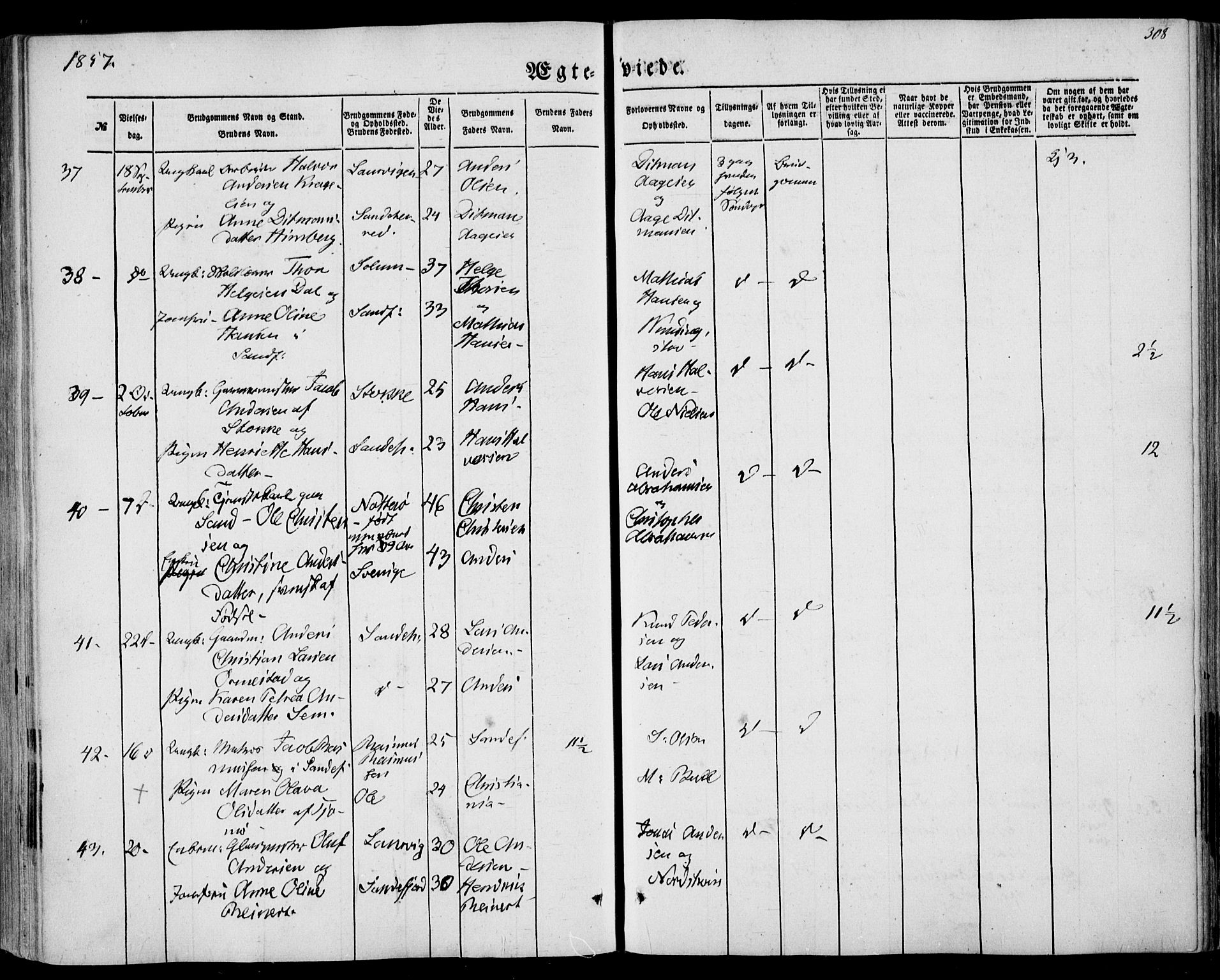 Sandar kirkebøker, SAKO/A-243/F/Fa/L0007: Parish register (official) no. 7, 1855-1861, p. 308