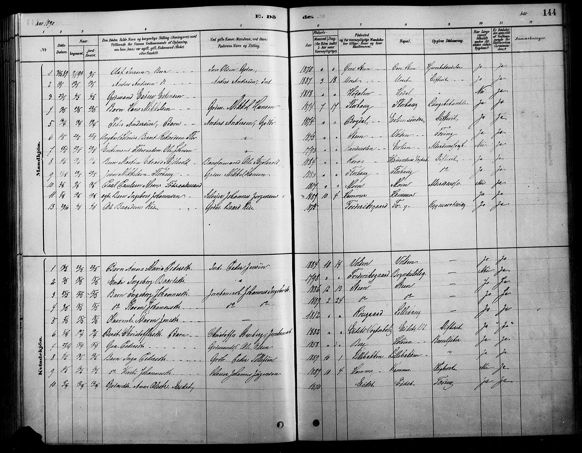 Tolga prestekontor, SAH/PREST-062/L/L0007: Parish register (copy) no. 7, 1878-1919, p. 144