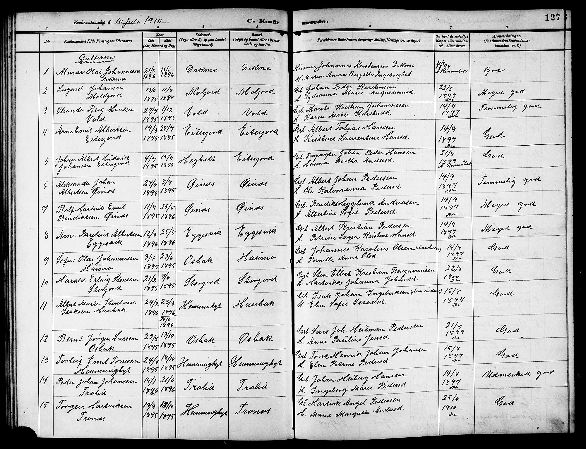 Ministerialprotokoller, klokkerbøker og fødselsregistre - Nordland, SAT/A-1459/846/L0655: Parish register (copy) no. 846C05, 1902-1916, p. 127
