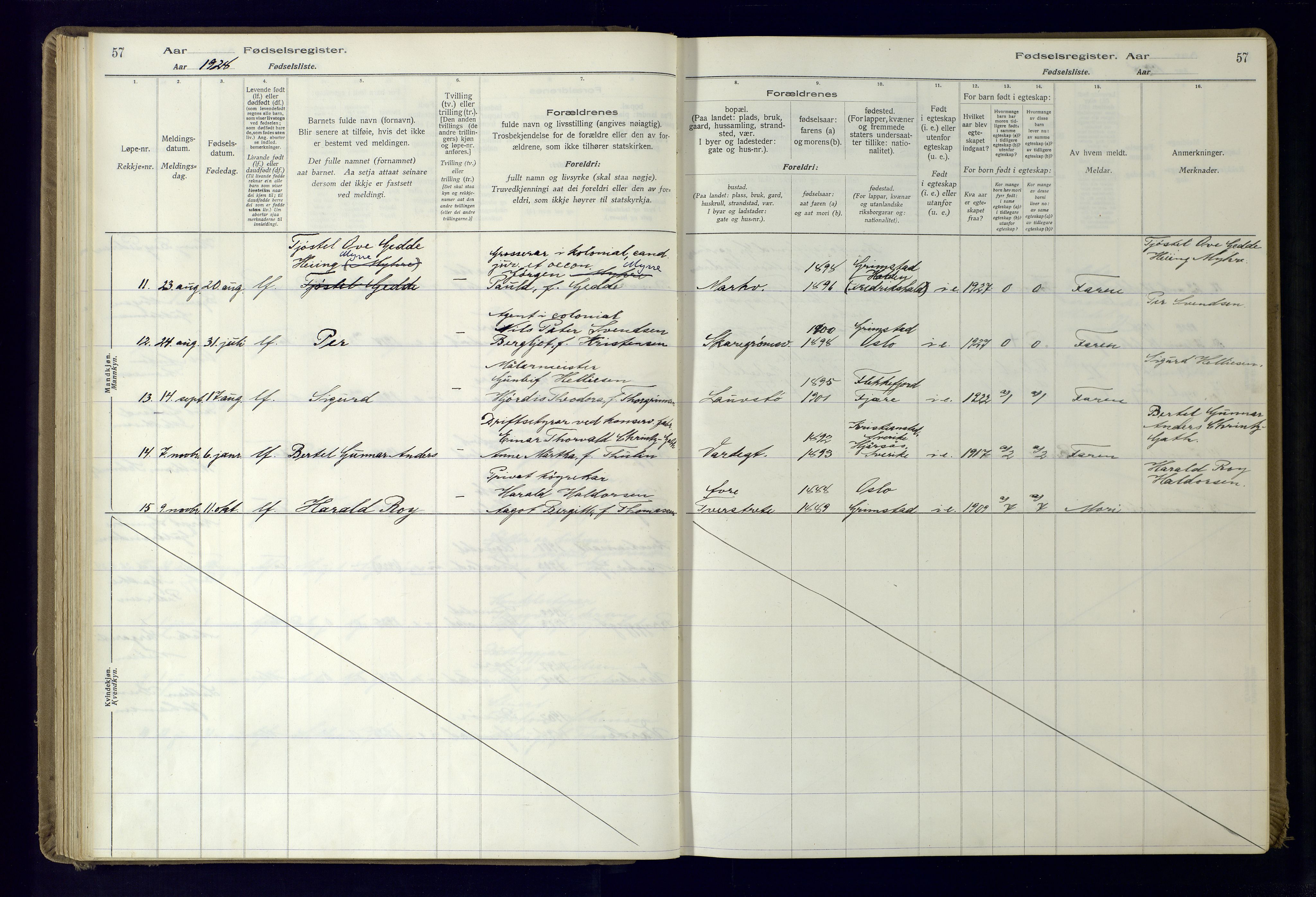 Grimstad sokneprestkontor, AV/SAK-1111-0017/J/Ja/L0001: Birth register no. 1, 1916-1960, p. 57