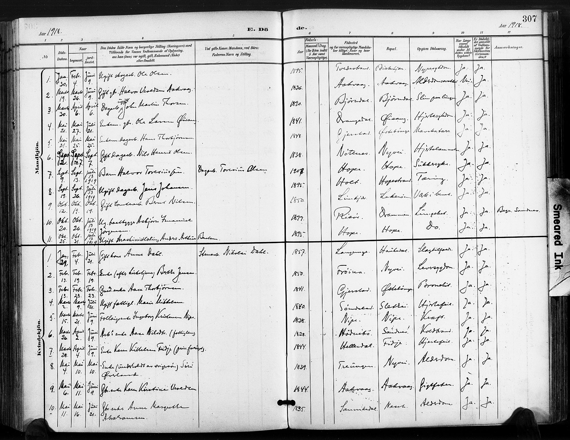 Søndeled sokneprestkontor, SAK/1111-0038/F/Fa/L0006: Parish register (official) no. A 6, 1900-1922, p. 307