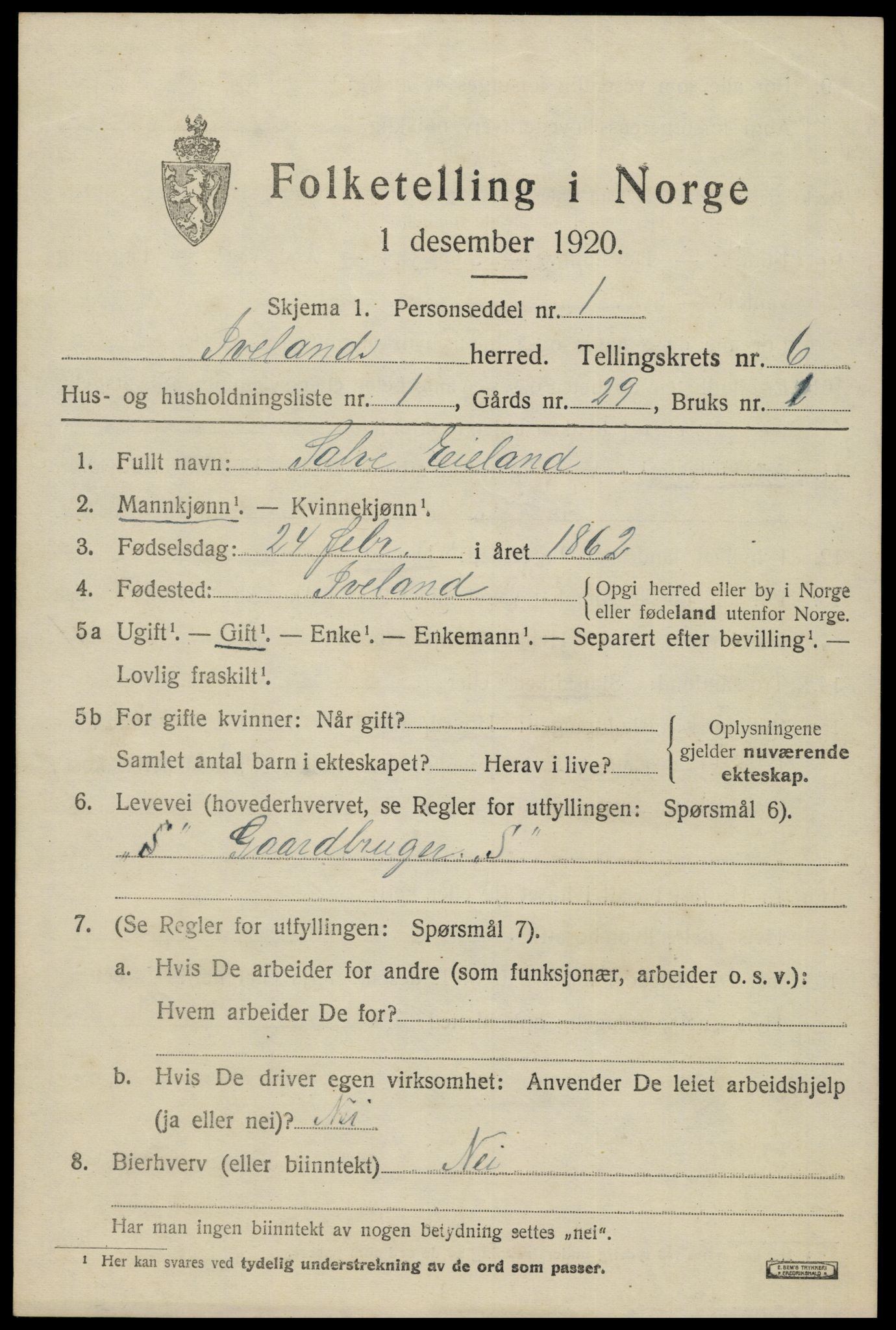 SAK, 1920 census for Iveland, 1920, p. 1927