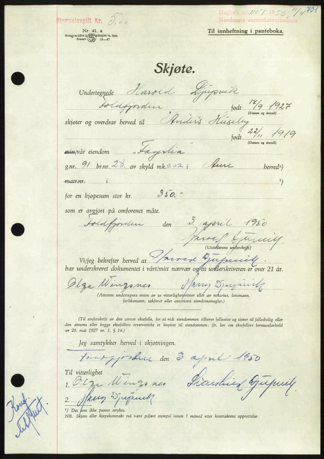 Nordmøre sorenskriveri, AV/SAT-A-4132/1/2/2Ca: Mortgage book no. A114, 1950-1950, Diary no: : 1108/1950