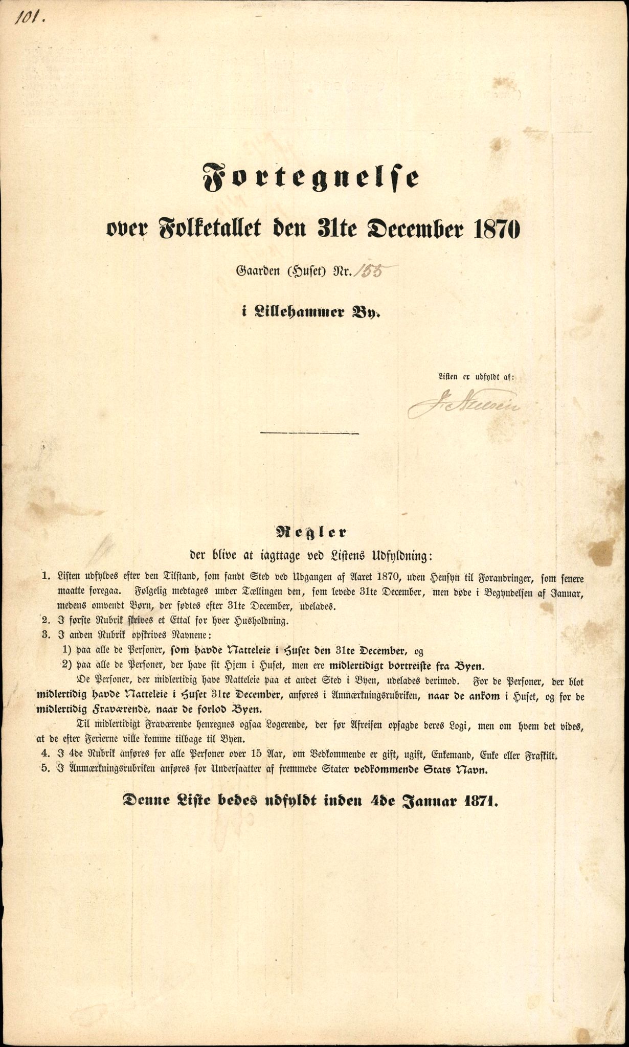 RA, 1870 census for 0501 Lillehammer, 1870, p. 101