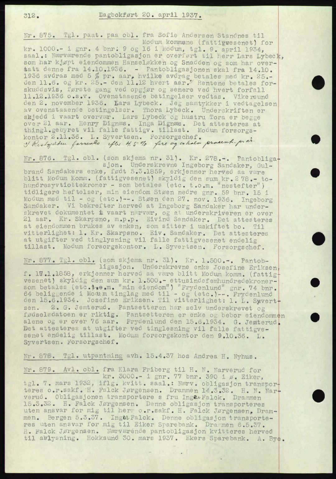 Eiker, Modum og Sigdal sorenskriveri, SAKO/A-123/G/Ga/Gab/L0035: Mortgage book no. A5, 1937-1937, Diary no: : 875/1937