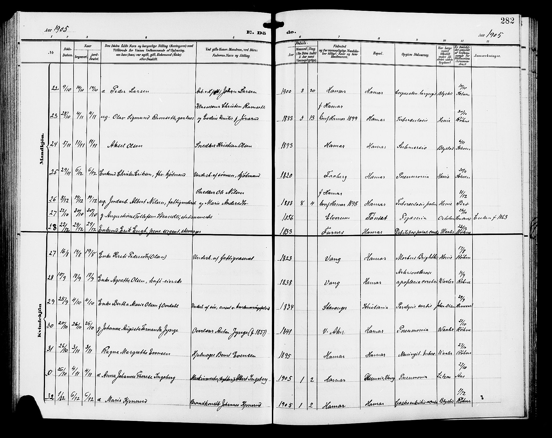 Hamar prestekontor, AV/SAH-DOMPH-002/H/Ha/Hab/L0001: Parish register (copy) no. 1, 1899-1914, p. 282