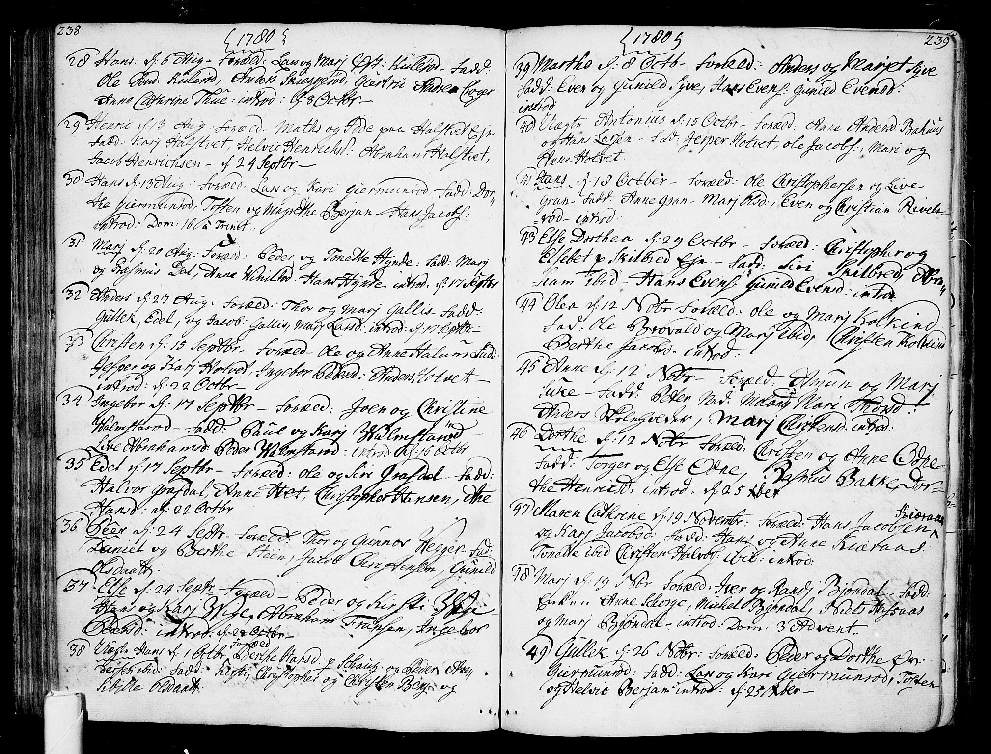 Andebu kirkebøker, AV/SAKO-A-336/F/Fa/L0002: Parish register (official) no. 2, 1733-1802, p. 238-239