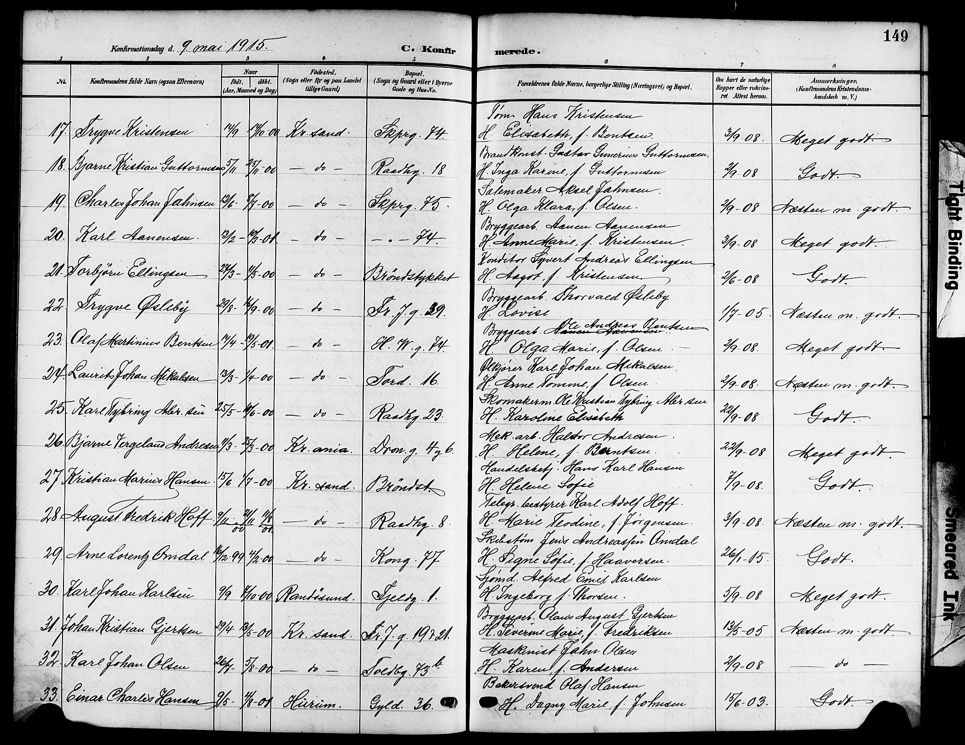 Kristiansand domprosti, SAK/1112-0006/F/Fb/L0020: Parish register (copy) no. B 20, 1906-1915, p. 149
