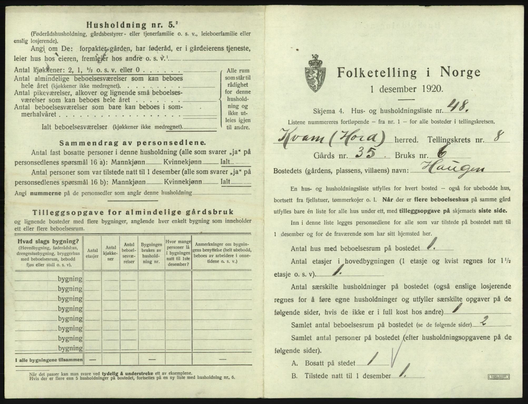 SAB, 1920 census for Kvam, 1920, p. 735