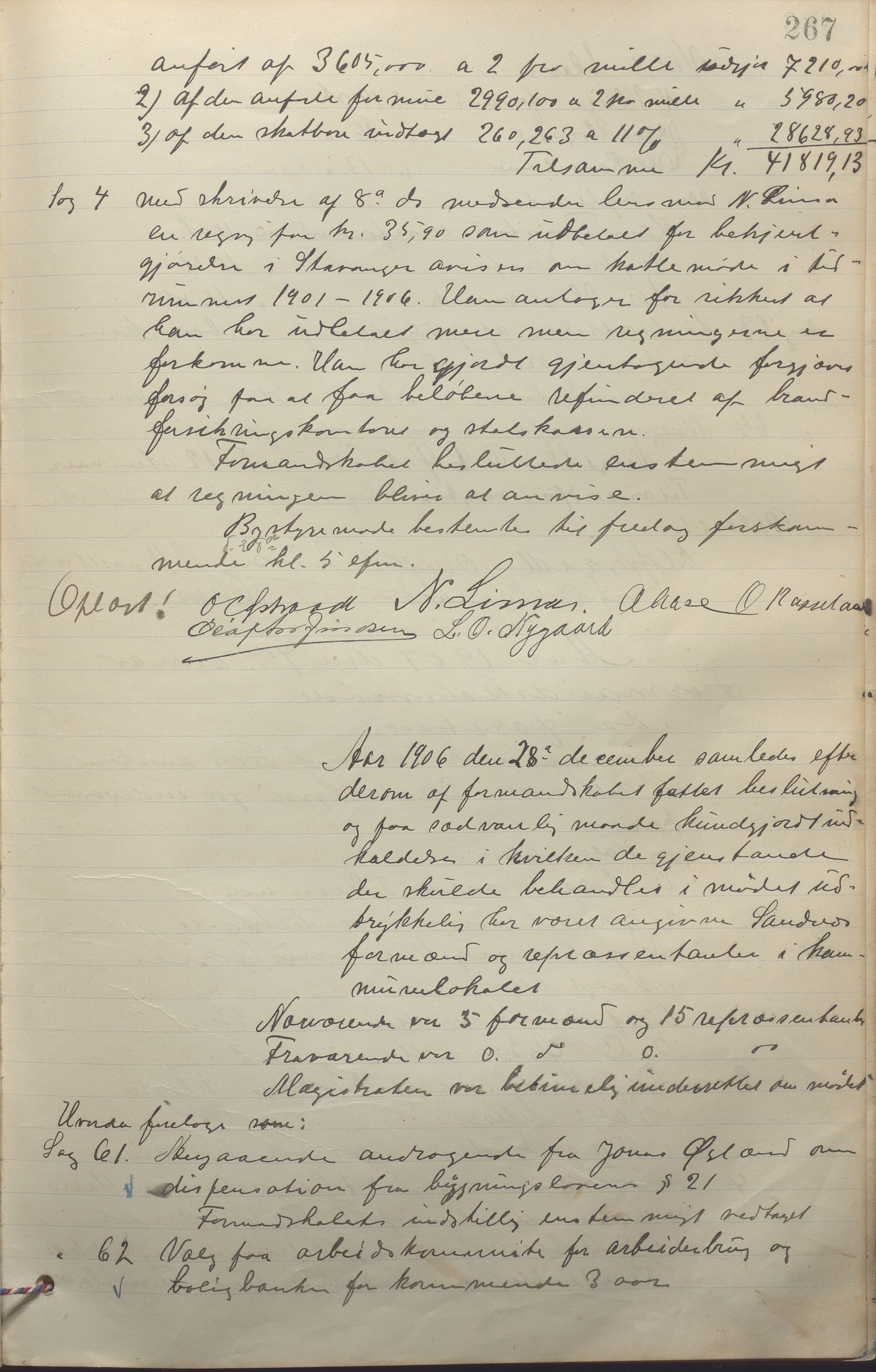 Sandnes kommune - Formannskapet og Bystyret, IKAR/K-100188/Aa/L0006: Møtebok, 1902-1909, p. 267