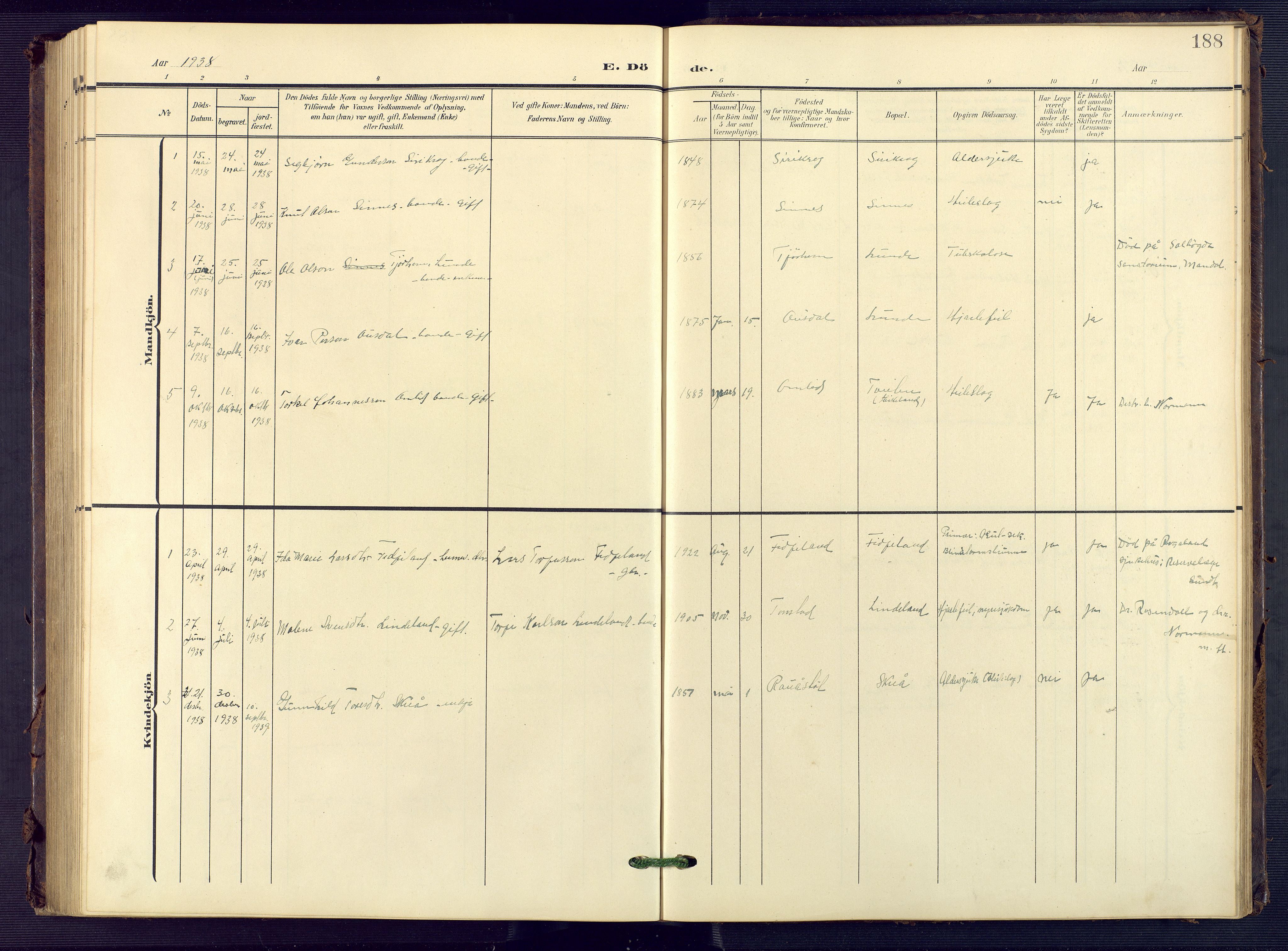 Sirdal sokneprestkontor, SAK/1111-0036/F/Fb/Fba/L0002: Parish register (copy) no. B 2, 1905-1958, p. 188