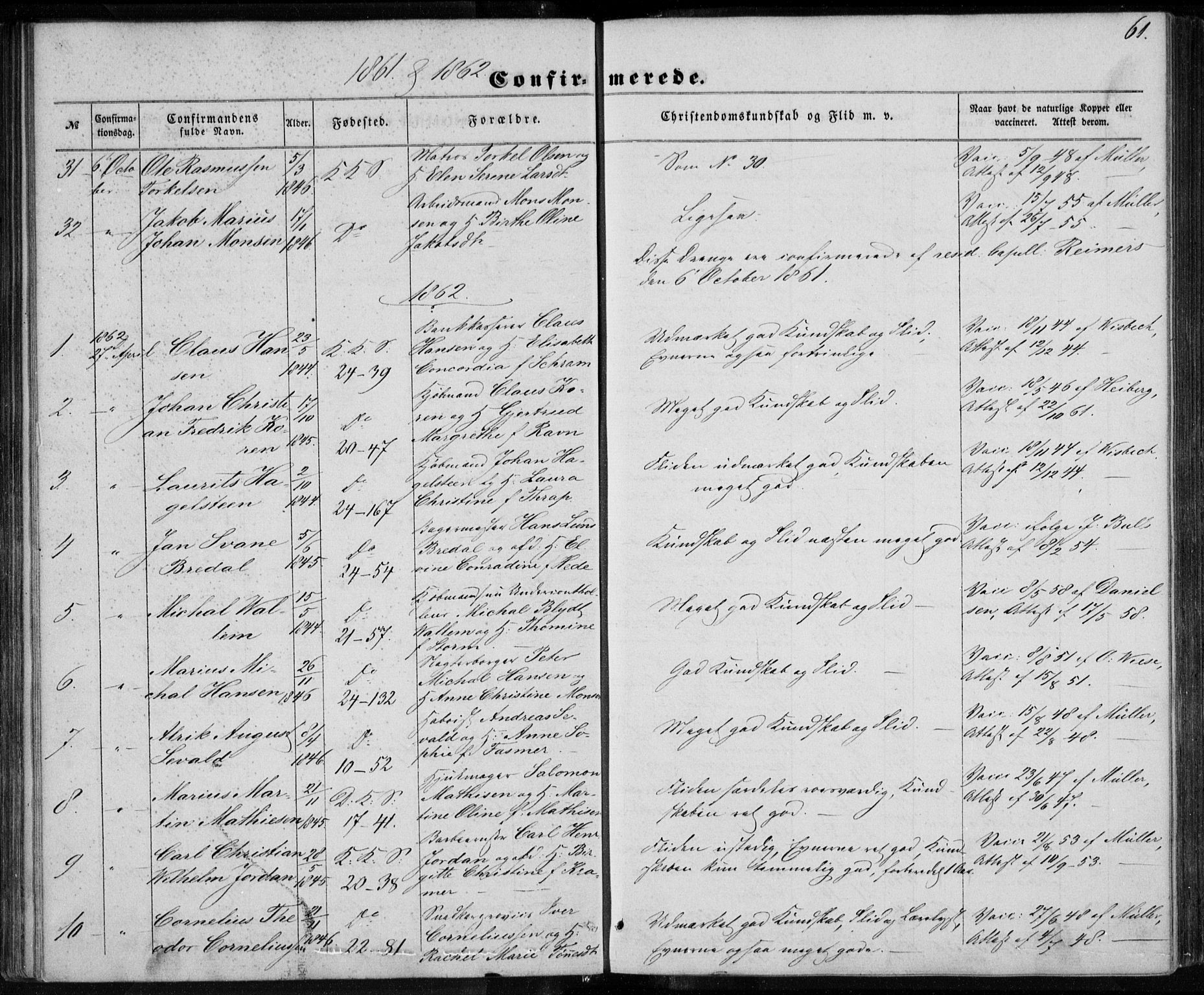 Korskirken sokneprestembete, SAB/A-76101/H/Haa/L0027: Parish register (official) no. C 3, 1854-1868, p. 61