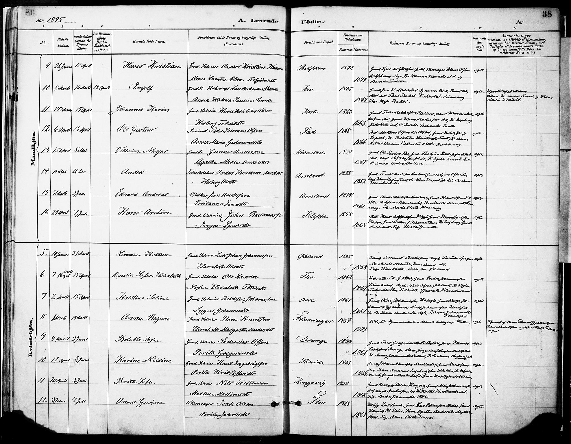 Tysnes sokneprestembete, SAB/A-78601/H/Haa: Parish register (official) no. D 1, 1887-1904, p. 38