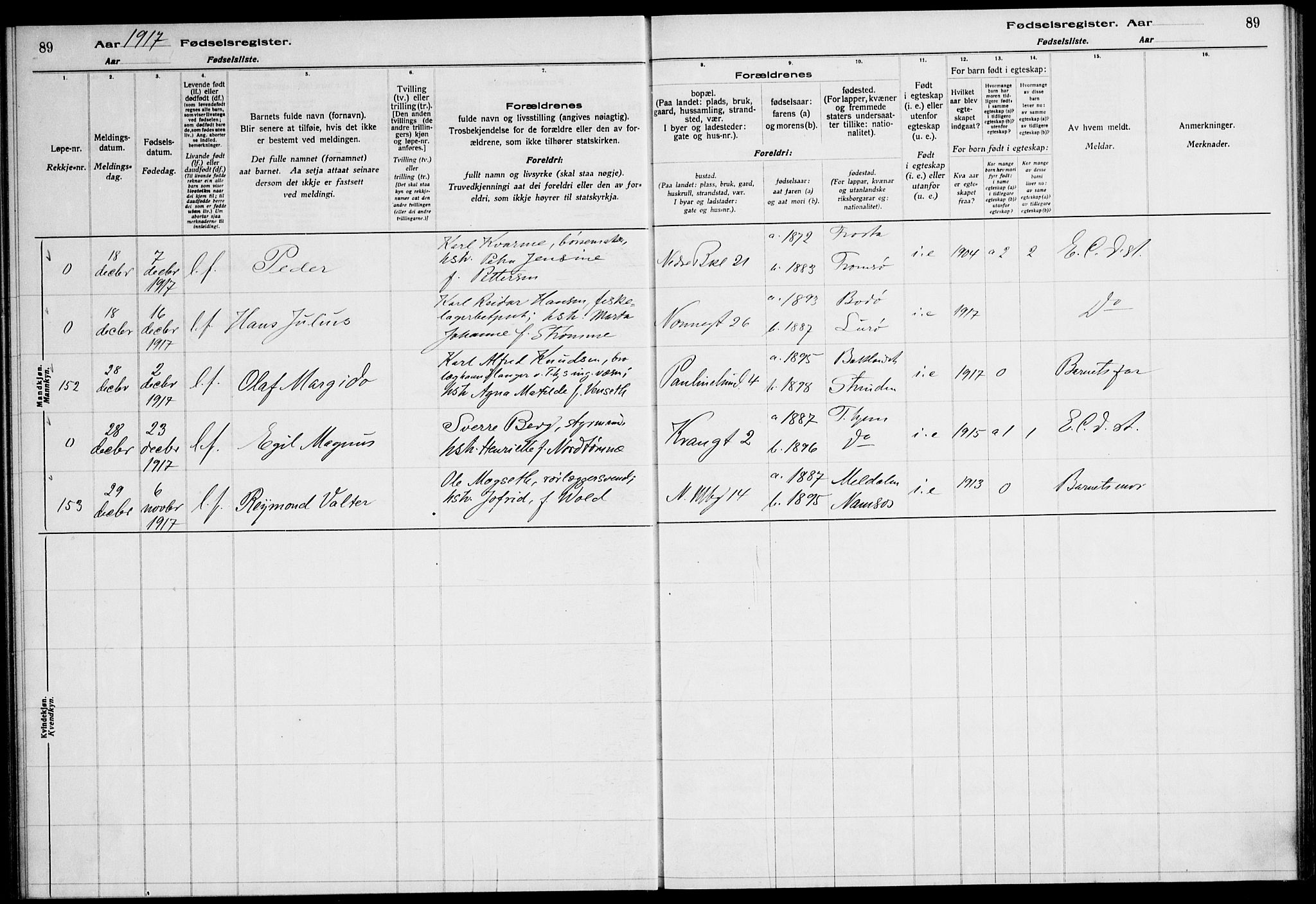 Ministerialprotokoller, klokkerbøker og fødselsregistre - Sør-Trøndelag, AV/SAT-A-1456/604/L0232: Birth register no. 604.II.4.1, 1916-1920, p. 89