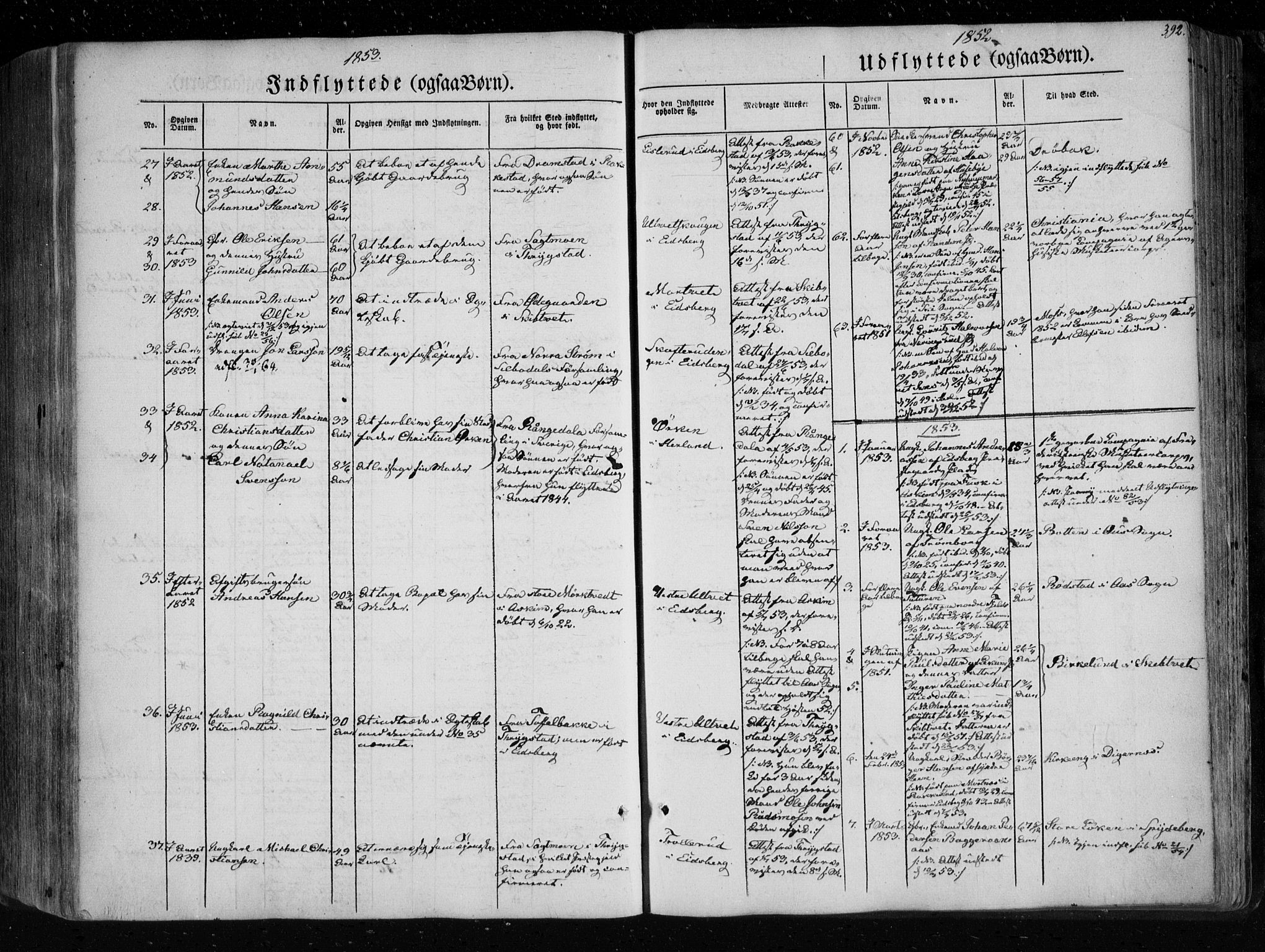 Eidsberg prestekontor Kirkebøker, SAO/A-10905/F/Fa/L0009: Parish register (official) no. I 9, 1849-1856, p. 392