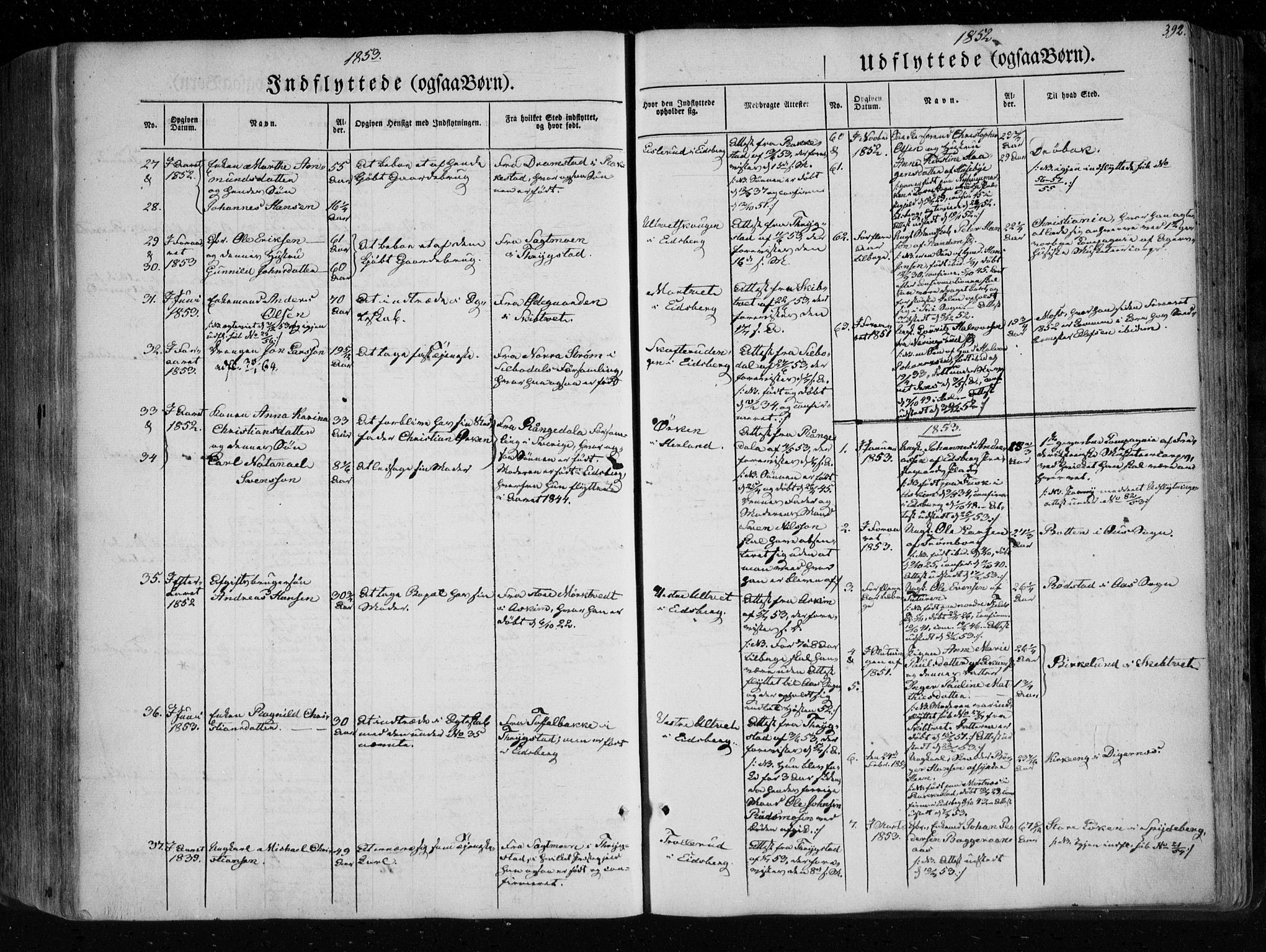 Eidsberg prestekontor Kirkebøker, AV/SAO-A-10905/F/Fa/L0009: Parish register (official) no. I 9, 1849-1856, p. 392