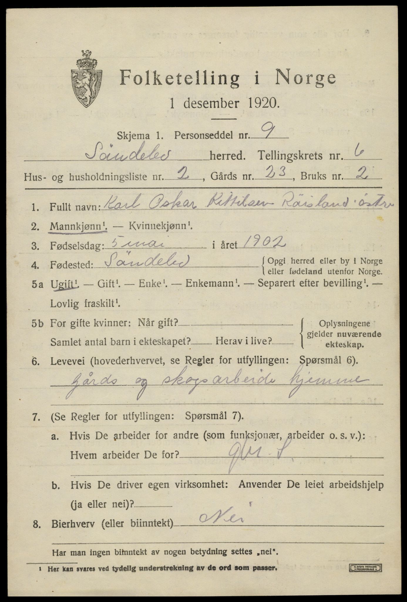 SAK, 1920 census for Søndeled, 1920, p. 3725