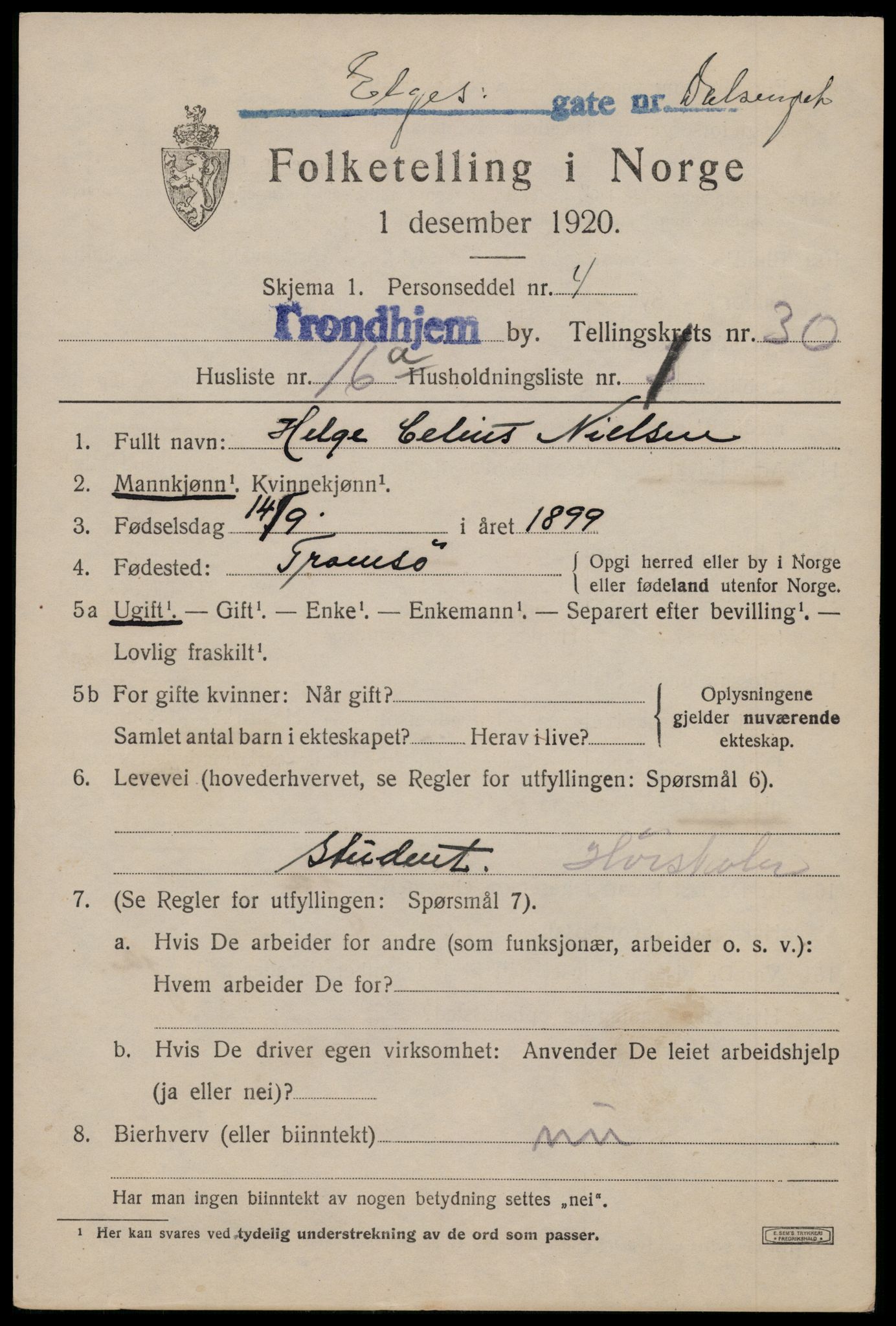 SAT, 1920 census for Trondheim, 1920, p. 74262