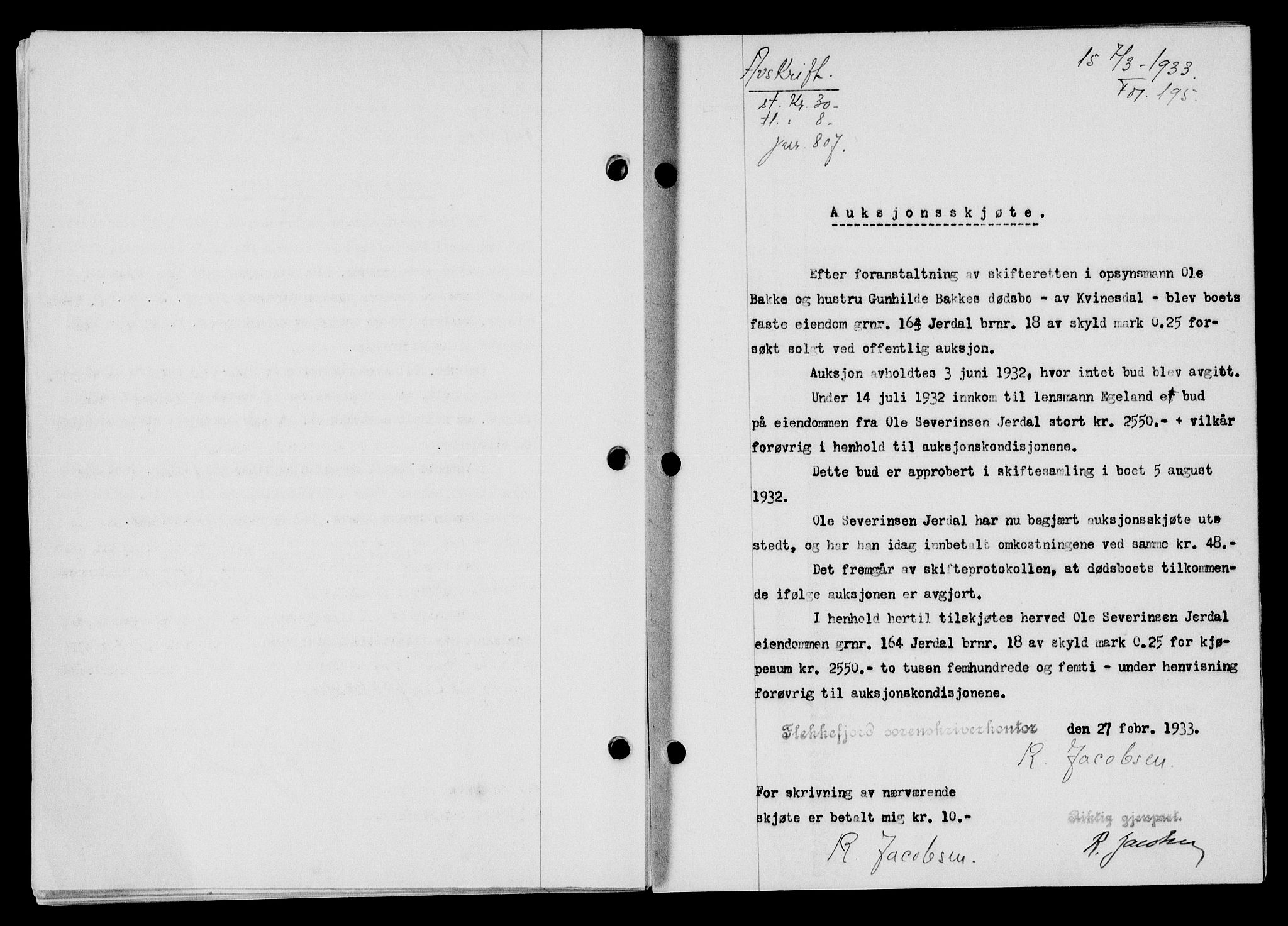 Flekkefjord sorenskriveri, SAK/1221-0001/G/Gb/Gba/L0049: Mortgage book no. 46, 1933-1934, Deed date: 07.03.1933