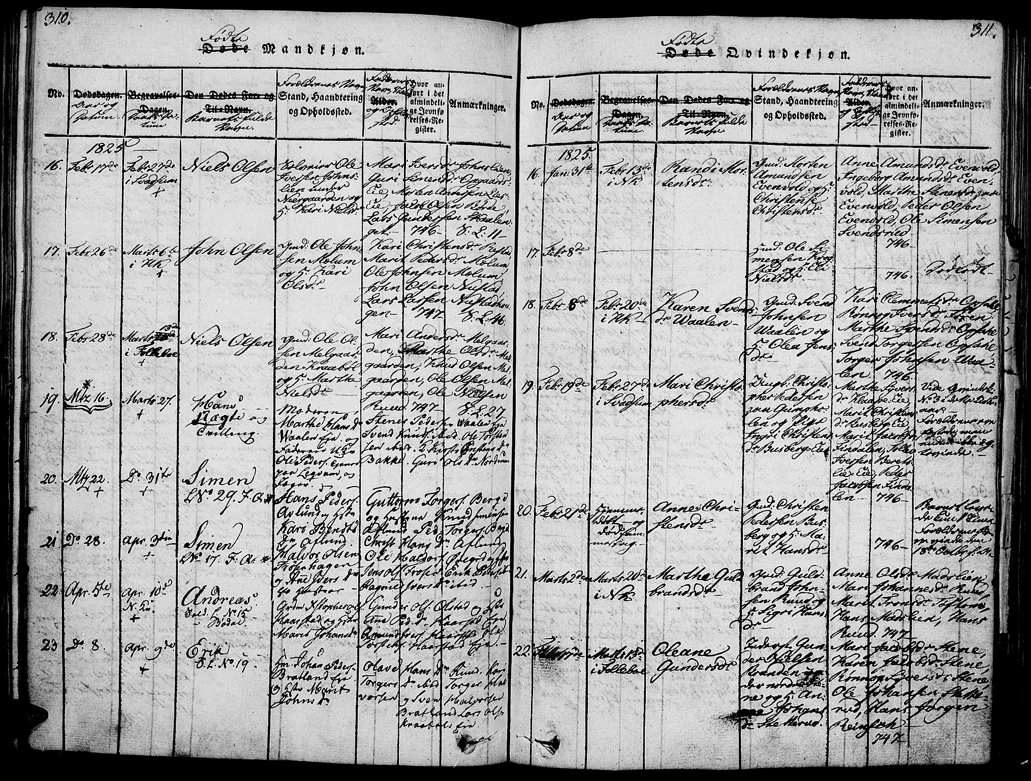 Gausdal prestekontor, AV/SAH-PREST-090/H/Ha/Haa/L0005: Parish register (official) no. 5, 1817-1829, p. 310-311