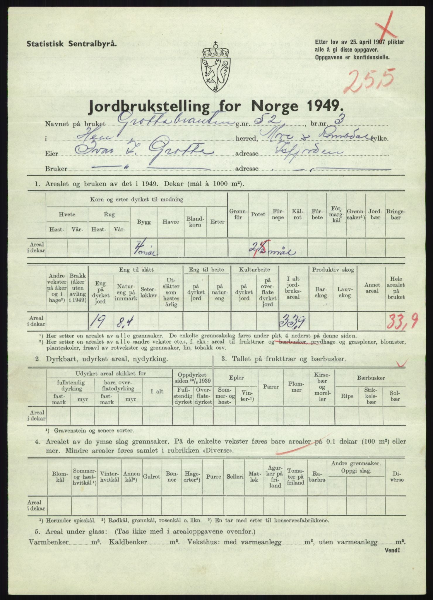 Statistisk sentralbyrå, Næringsøkonomiske emner, Jordbruk, skogbruk, jakt, fiske og fangst, AV/RA-S-2234/G/Gc/L0323: Møre og Romsdal: Grytten og Hen, 1949, p. 687