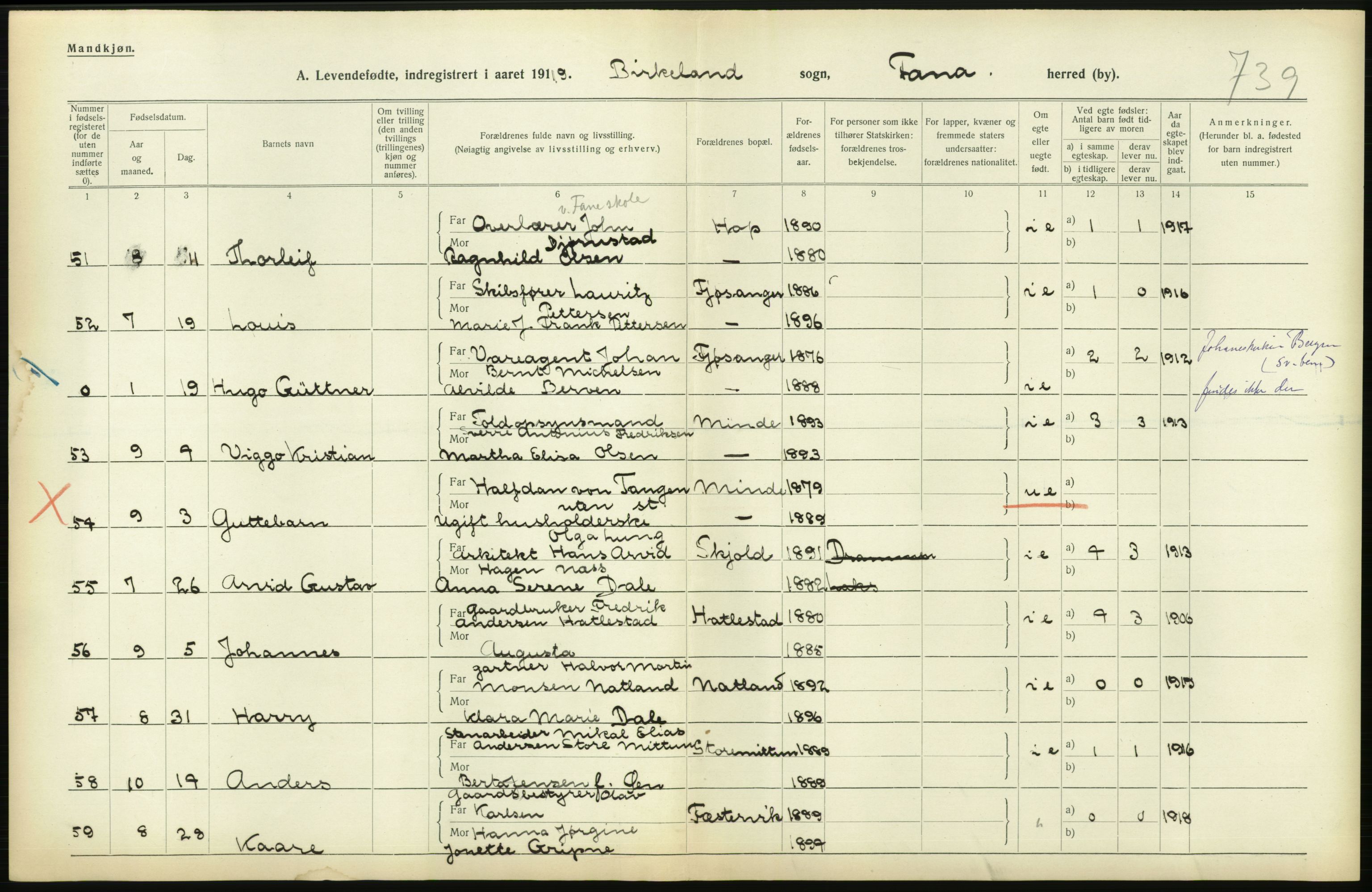 Statistisk sentralbyrå, Sosiodemografiske emner, Befolkning, AV/RA-S-2228/D/Df/Dfb/Dfbi/L0031: Hordaland fylke: Levendefødte menn og kvinner. Bygder., 1919, p. 170