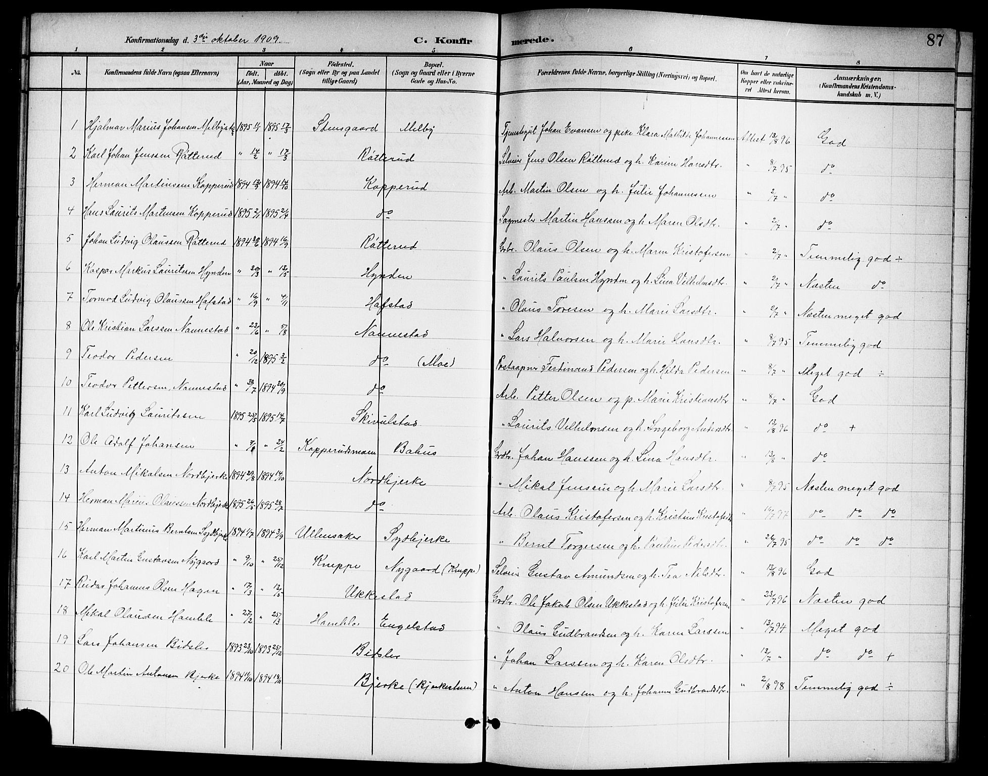 Nannestad prestekontor Kirkebøker, SAO/A-10414a/G/Ga/L0002: Parish register (copy) no. I 2, 1901-1913, p. 87