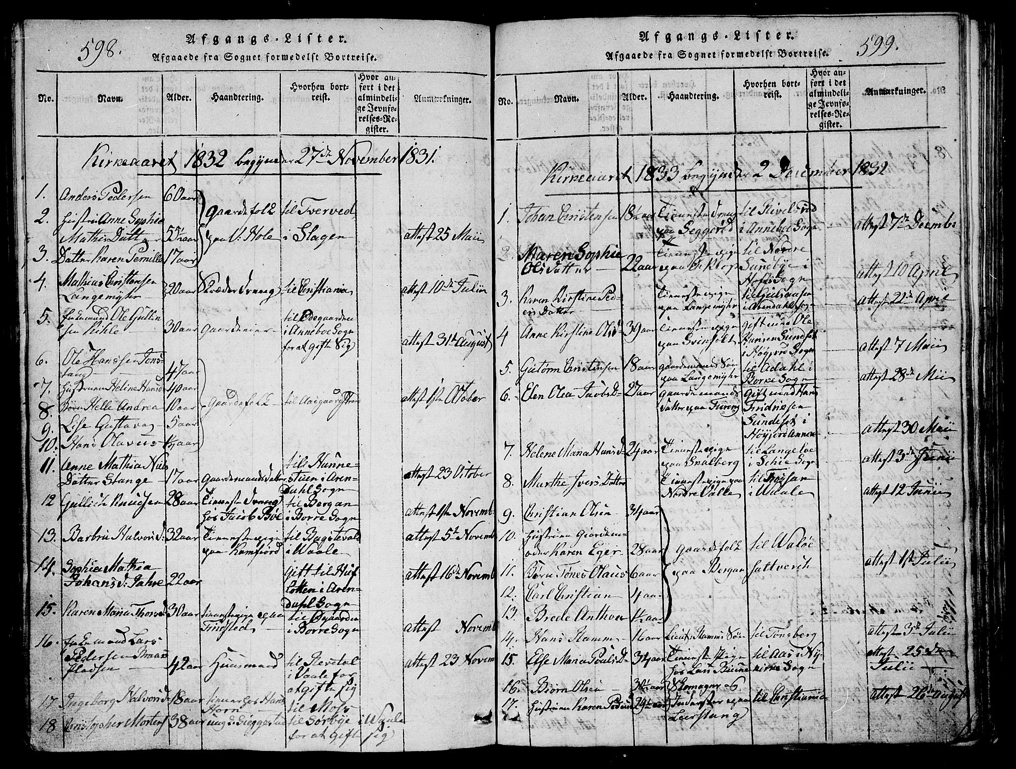 Ramnes kirkebøker, AV/SAKO-A-314/G/Ga/L0001: Parish register (copy) no. I 1, 1813-1847, p. 598-599