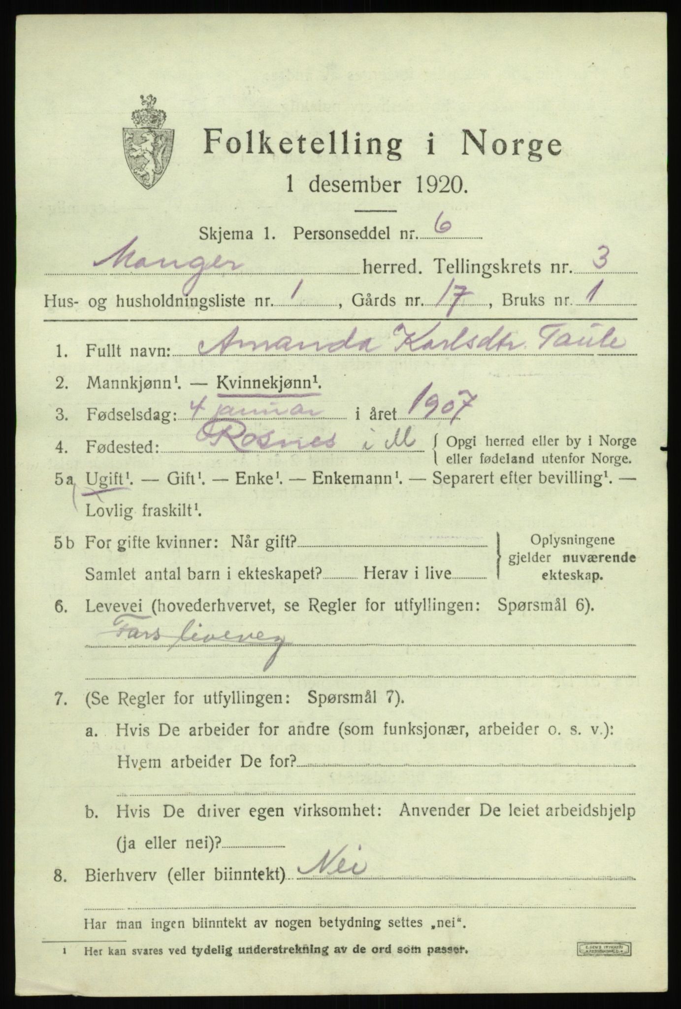 SAB, 1920 census for Manger, 1920, p. 2225