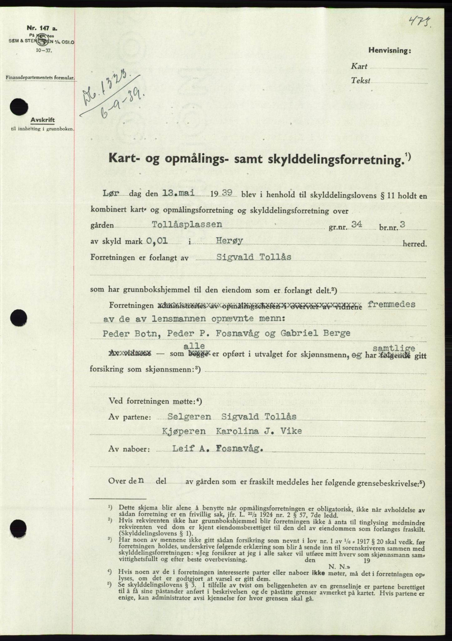 Søre Sunnmøre sorenskriveri, AV/SAT-A-4122/1/2/2C/L0068: Mortgage book no. 62, 1939-1939, Diary no: : 1323/1939