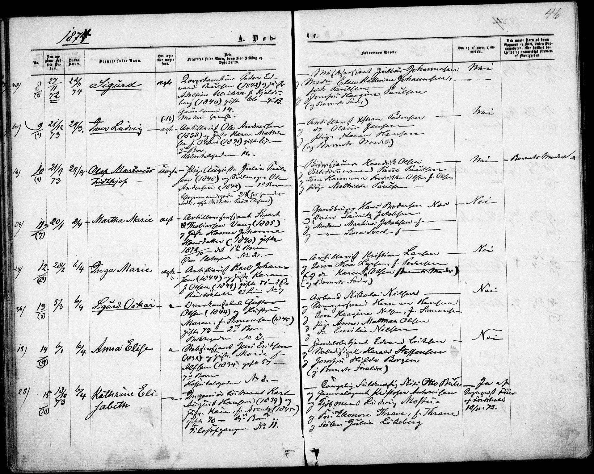 Garnisonsmenigheten Kirkebøker, AV/SAO-A-10846/F/Fa/L0011: Parish register (official) no. 11, 1870-1880, p. 46