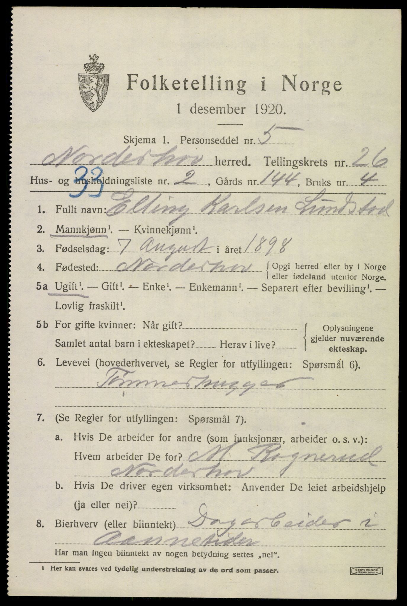 SAKO, 1920 census for Norderhov, 1920, p. 24475