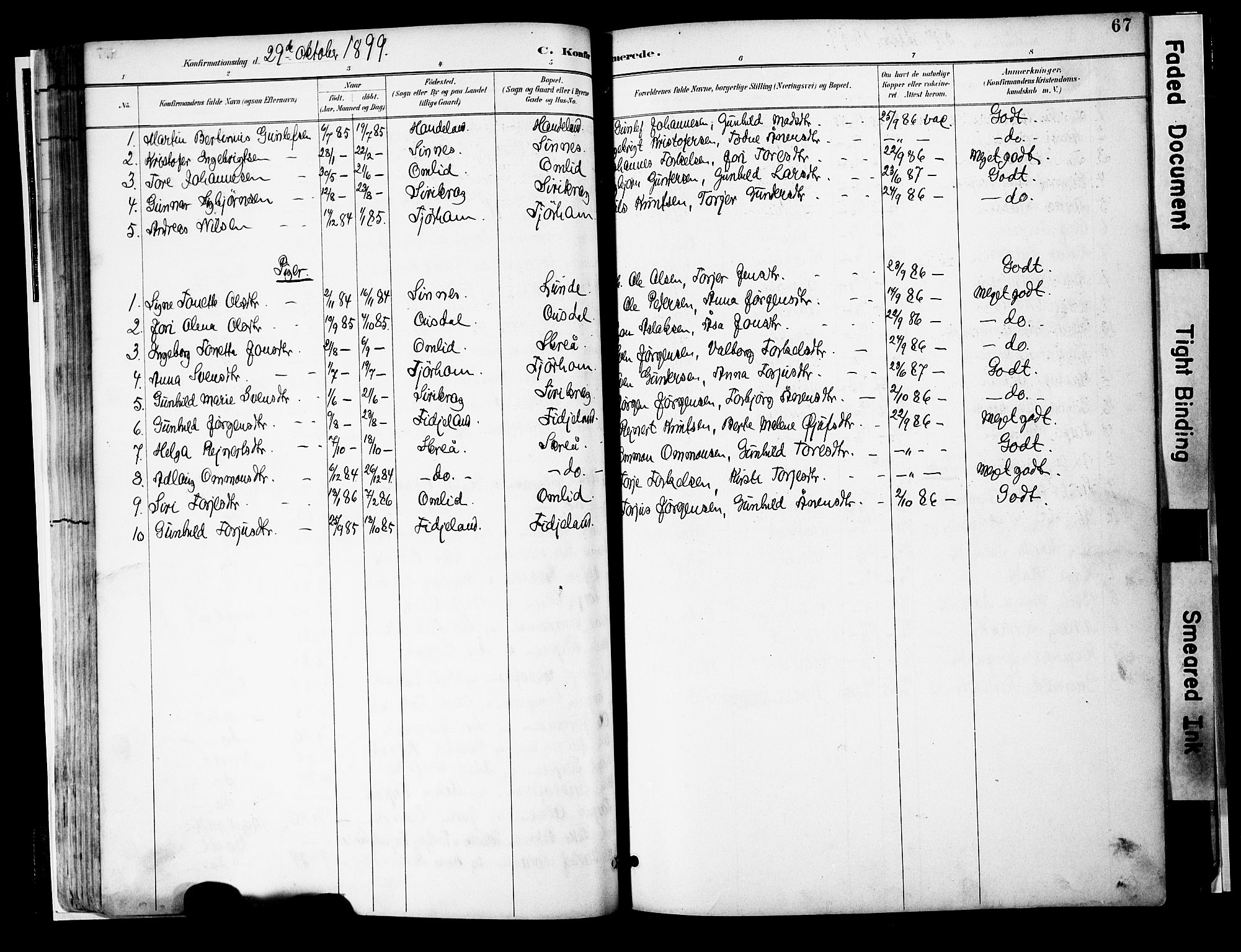 Sirdal sokneprestkontor, SAK/1111-0036/F/Fa/Faa/L0001: Parish register (official) no. A 1, 1887-1910, p. 67