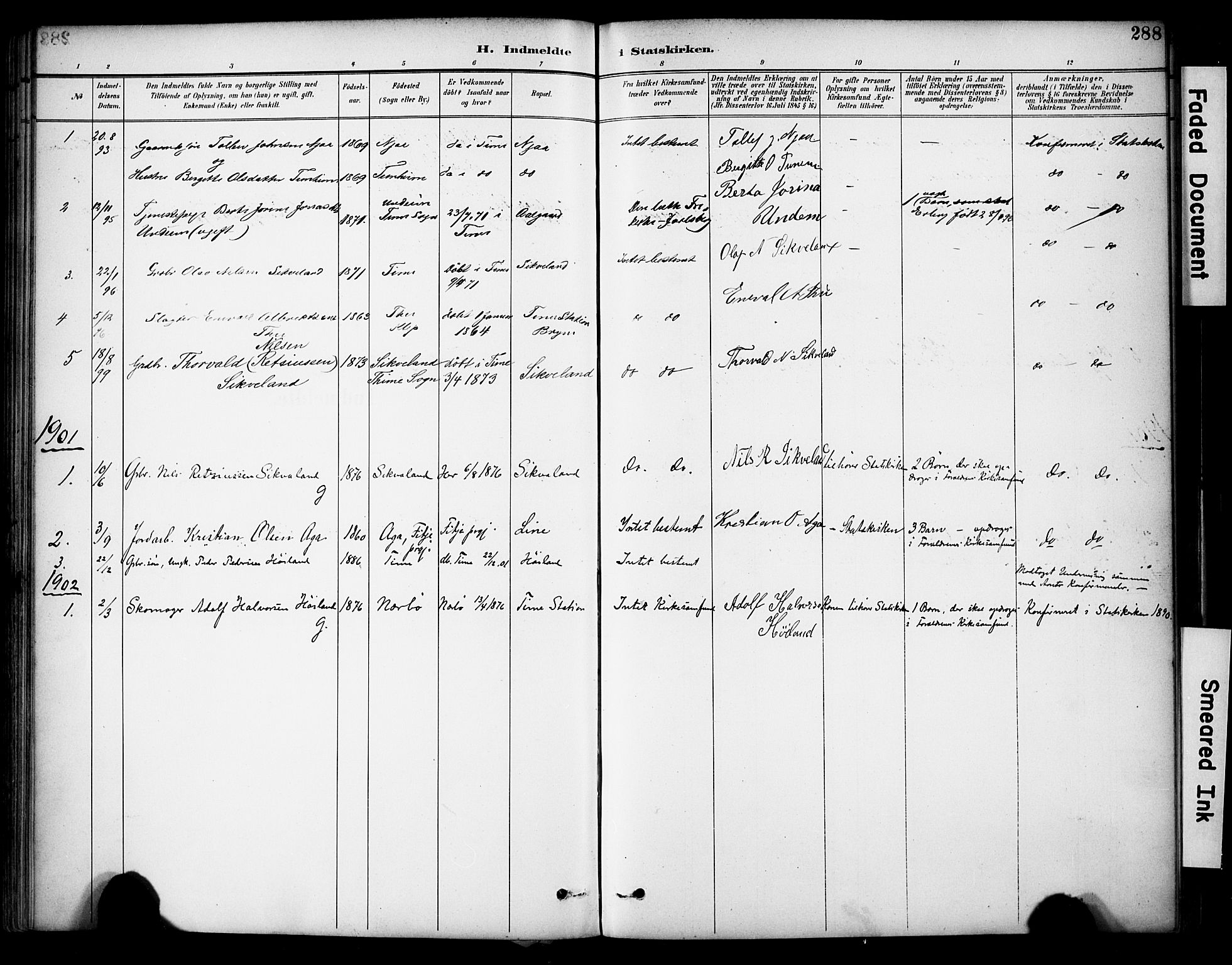 Lye sokneprestkontor, SAST/A-101794/001/30BA/L0011: Parish register (official) no. A 9, 1893-1903, p. 288