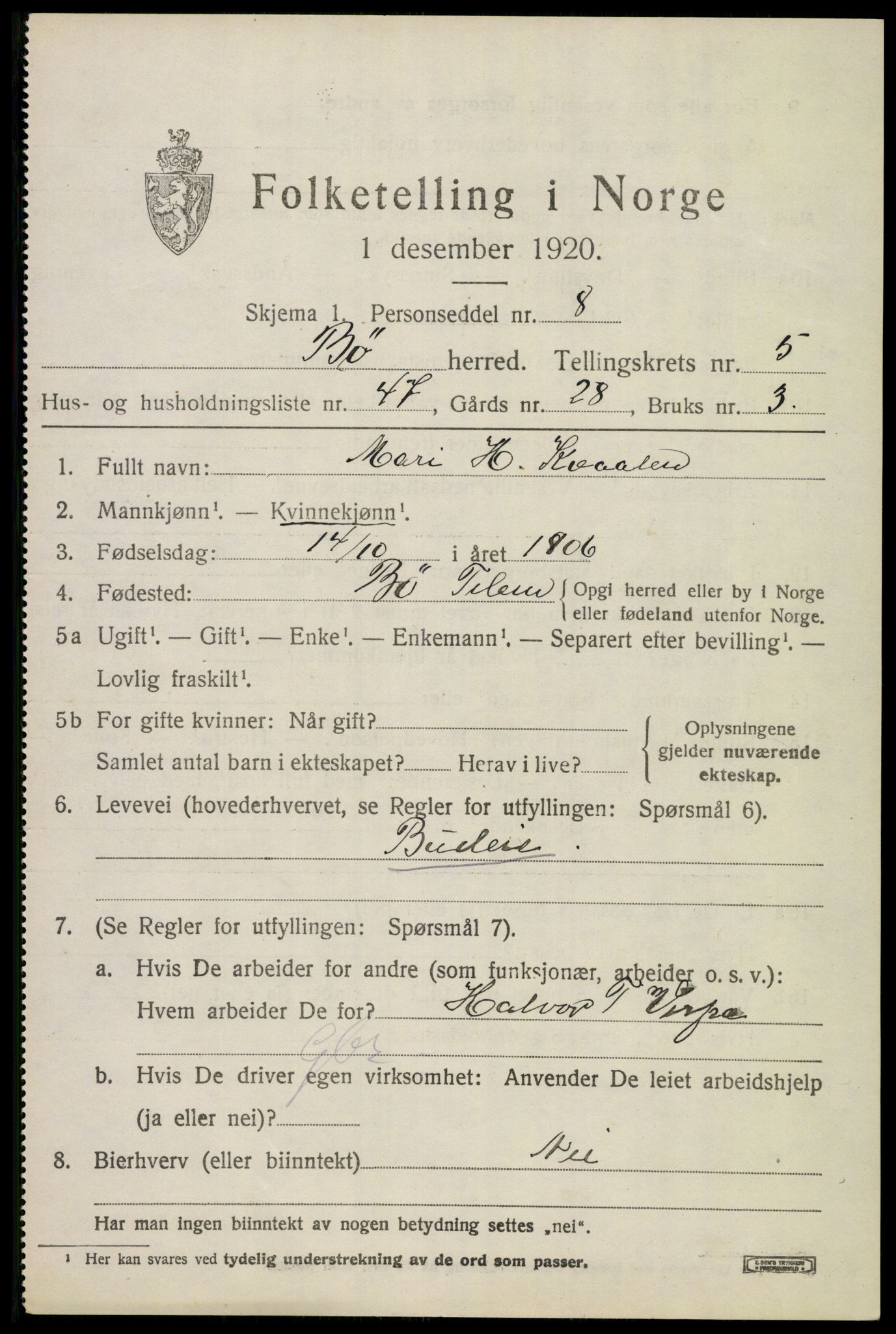 SAKO, 1920 census for Bø (Telemark), 1920, p. 4196