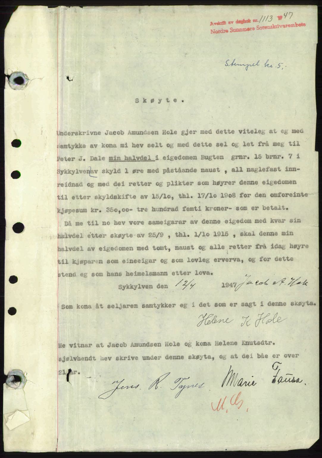 Nordre Sunnmøre sorenskriveri, AV/SAT-A-0006/1/2/2C/2Ca: Mortgage book no. A24, 1947-1947, Diary no: : 1113/1947