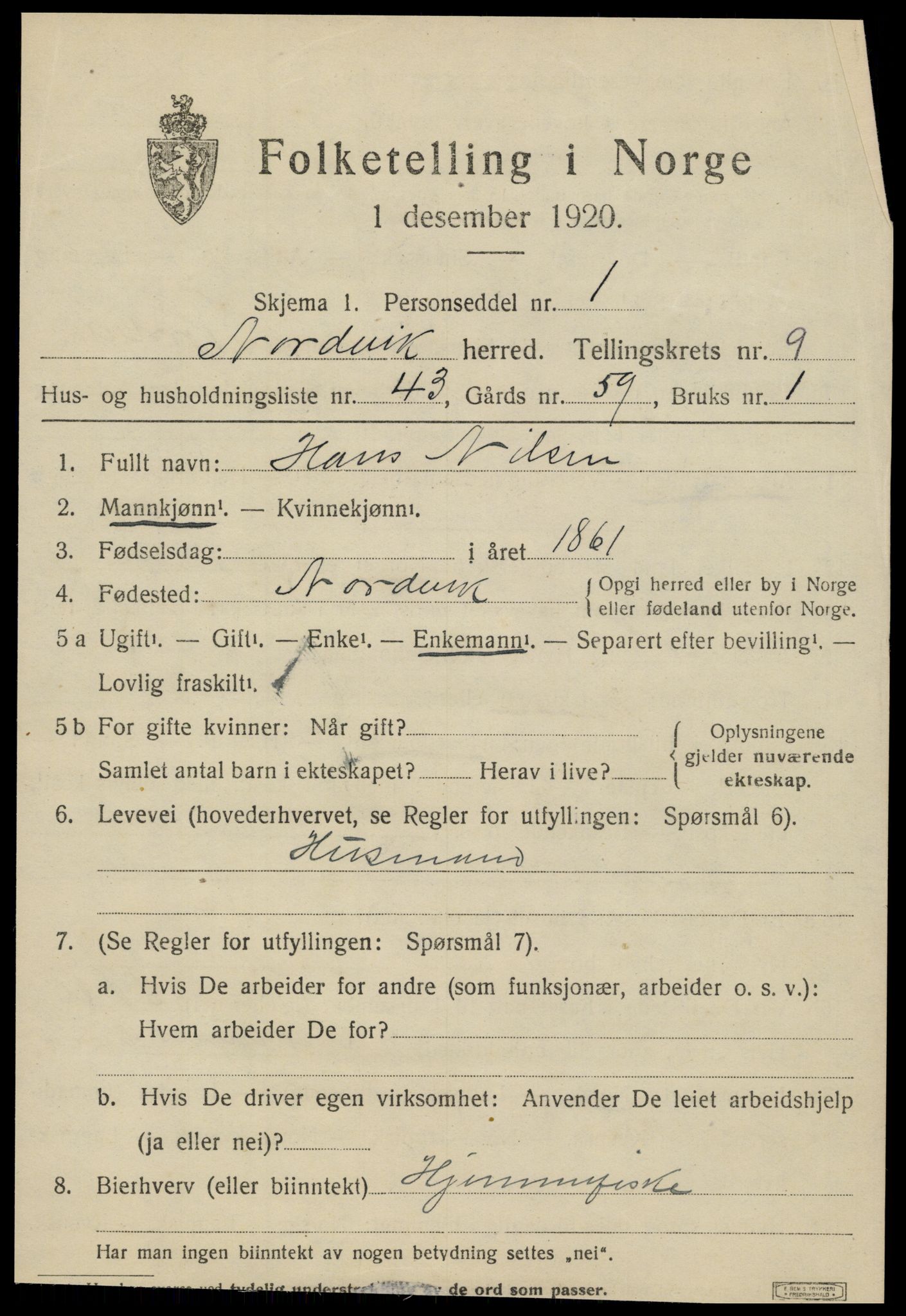 SAT, 1920 census for Nordvik, 1920, p. 3592