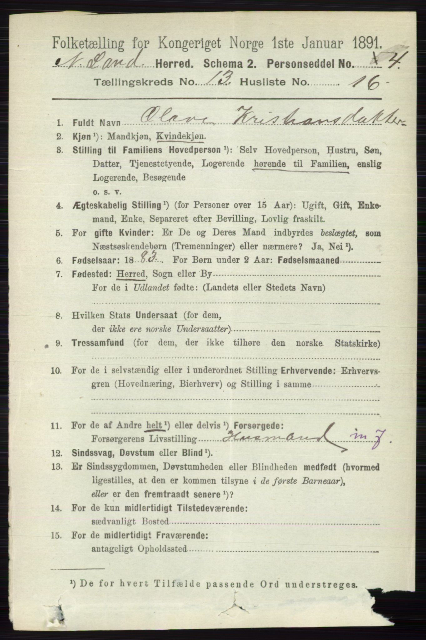 RA, 1891 census for 0538 Nordre Land, 1891, p. 3601