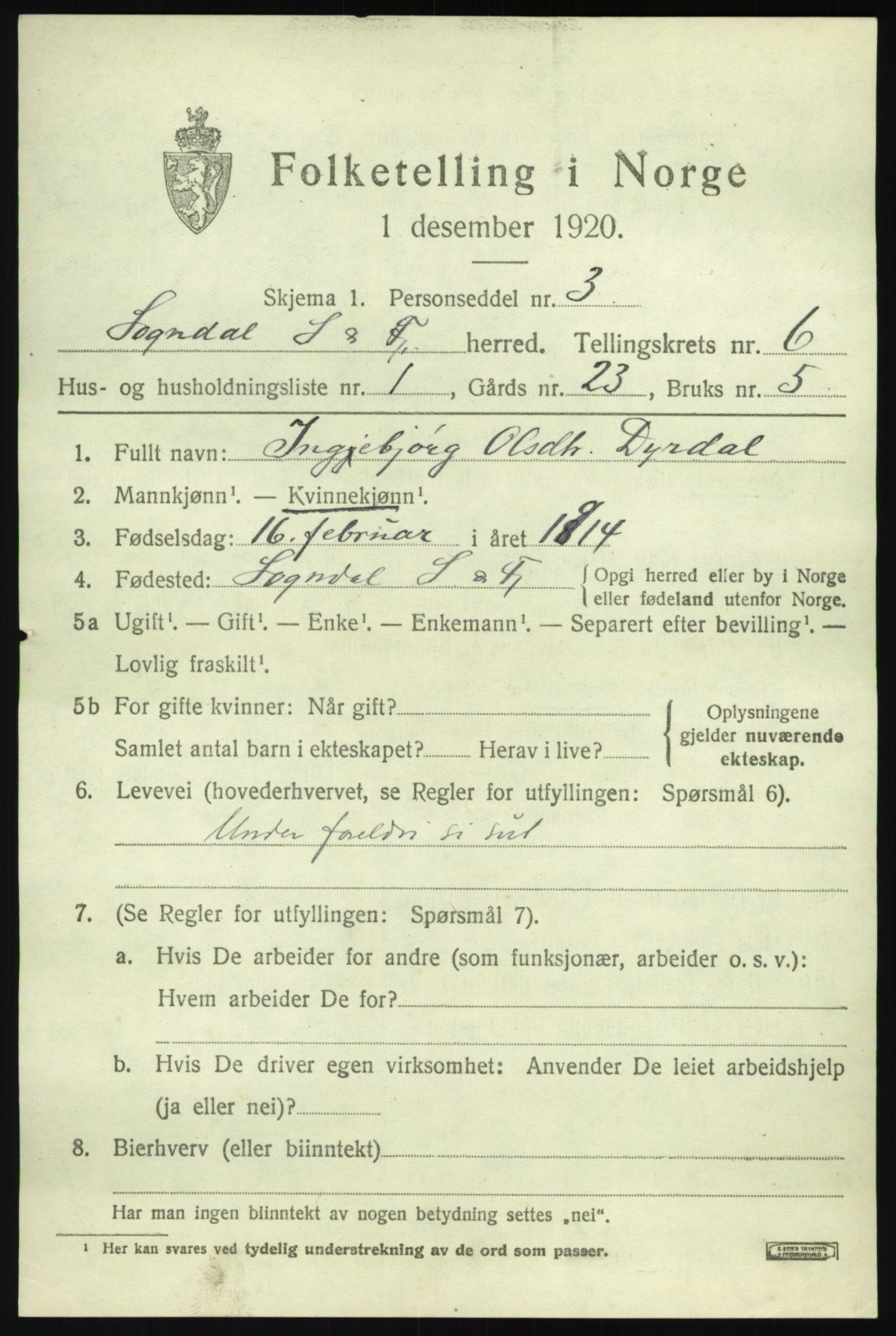 SAB, 1920 census for Sogndal, 1920, p. 2943