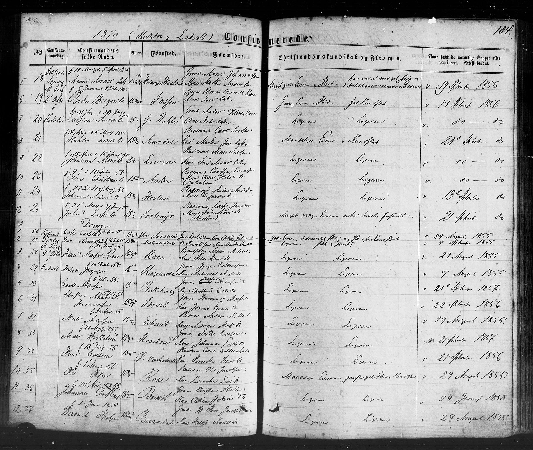 Lavik sokneprestembete, AV/SAB-A-80901: Parish register (official) no. A 4, 1864-1881, p. 184