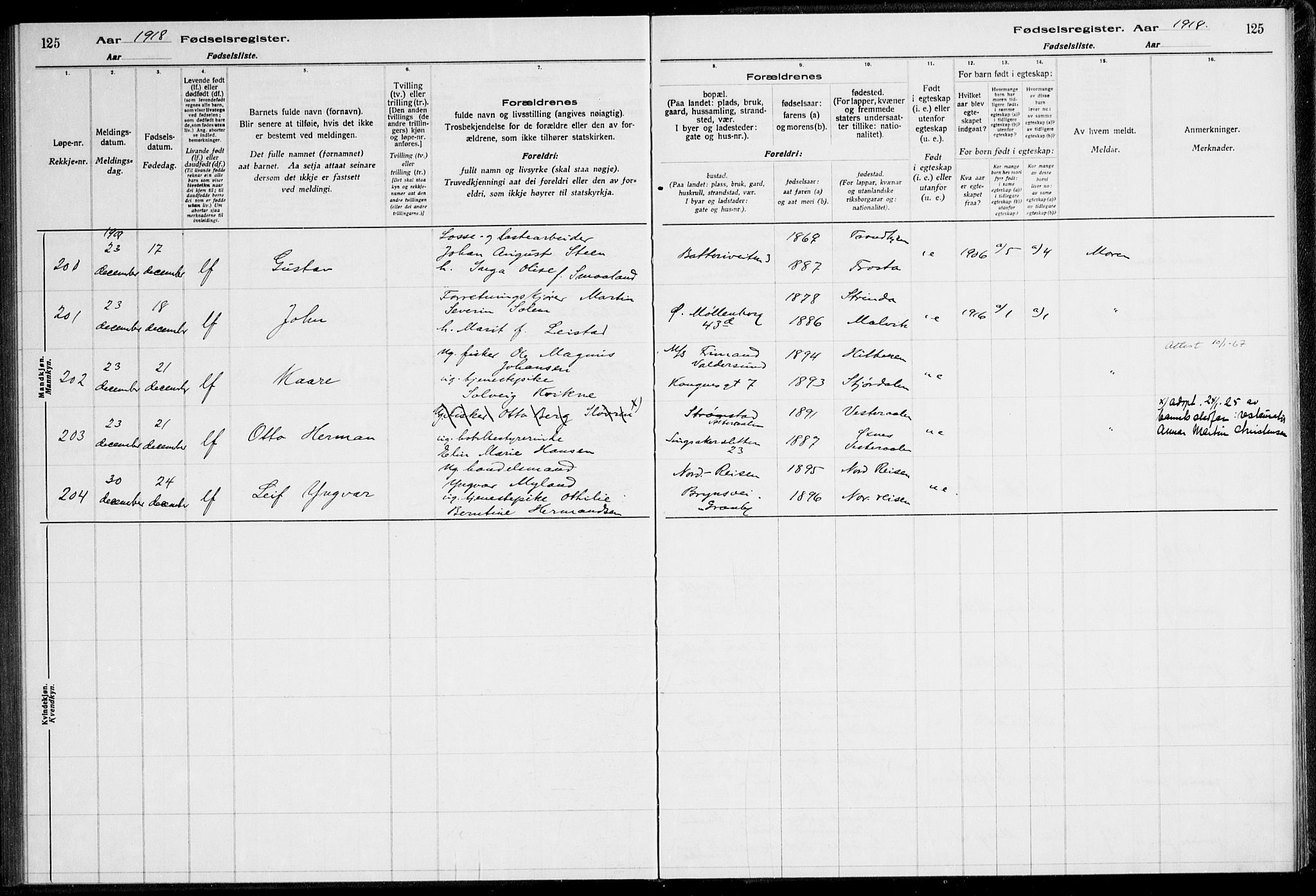 Ministerialprotokoller, klokkerbøker og fødselsregistre - Sør-Trøndelag, SAT/A-1456/600/L0002: Birth register no. 600.II.4.1, 1916-1920, p. 125