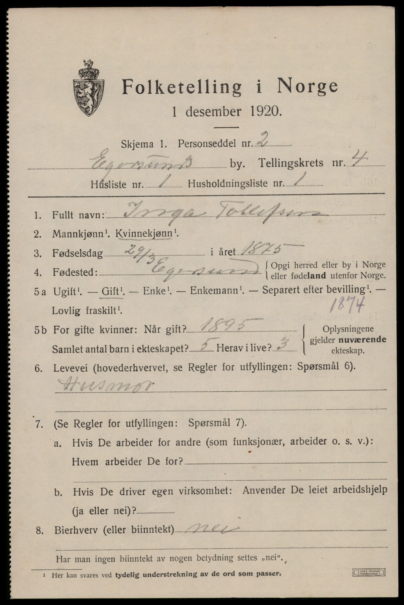 SAST, 1920 census for Egersund town, 1920, p. 6334