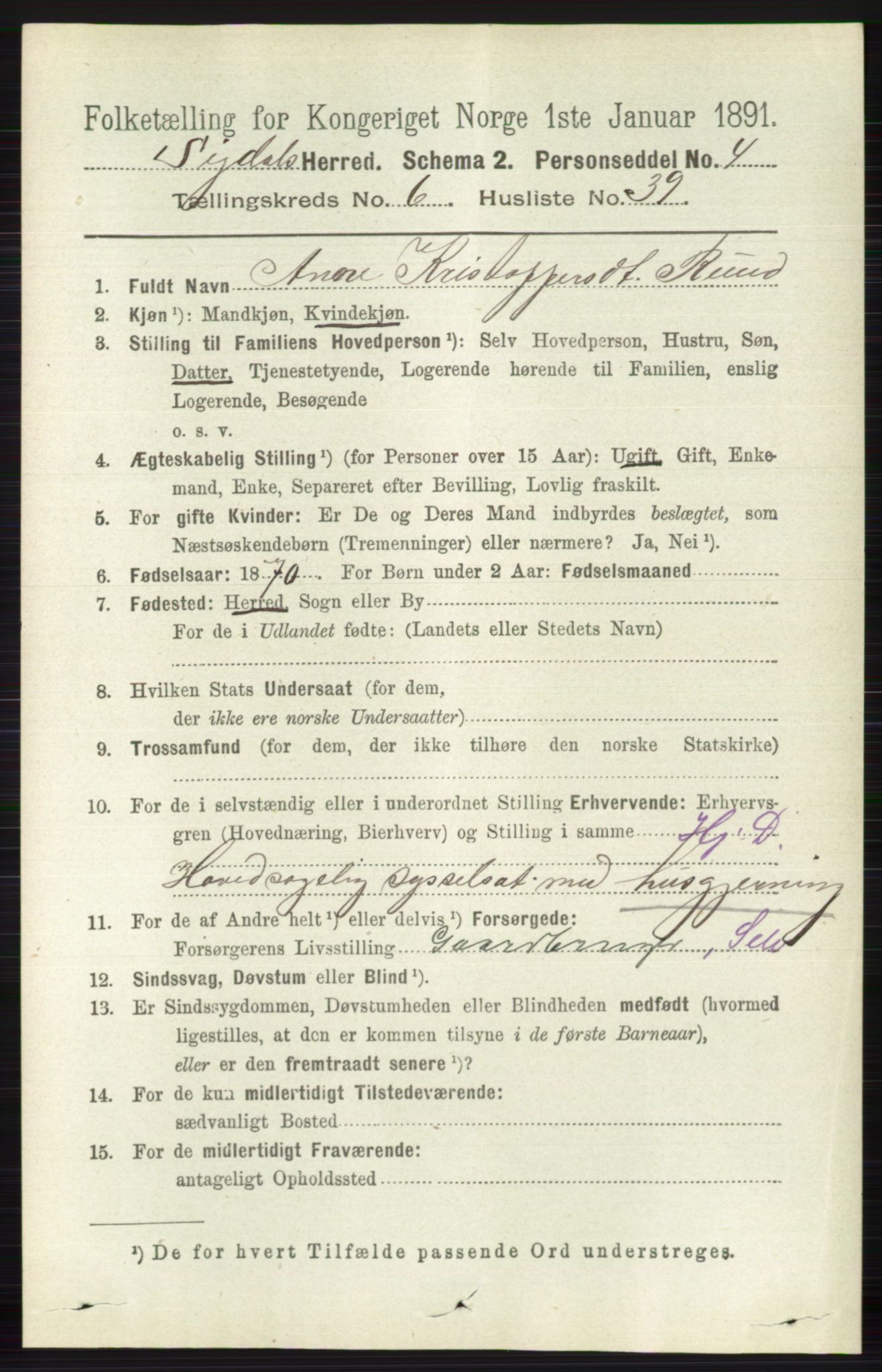 RA, 1891 census for 0621 Sigdal, 1891, p. 2637